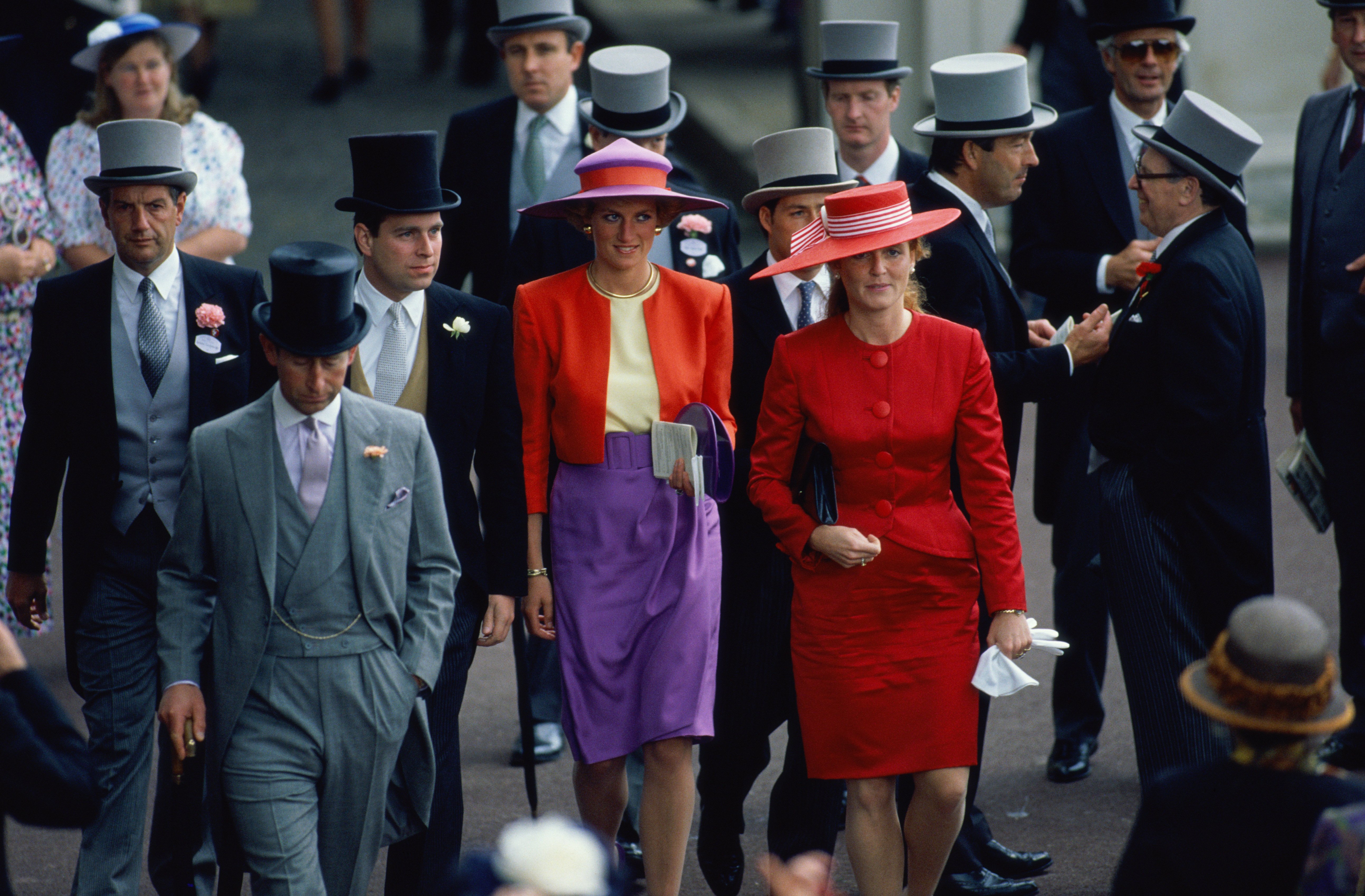 Princess Diana with Prince Charles, Sarah Ferguson and Prince Andrew at The Royal Ascot race meeting in June 1990. / Source: Getty Images