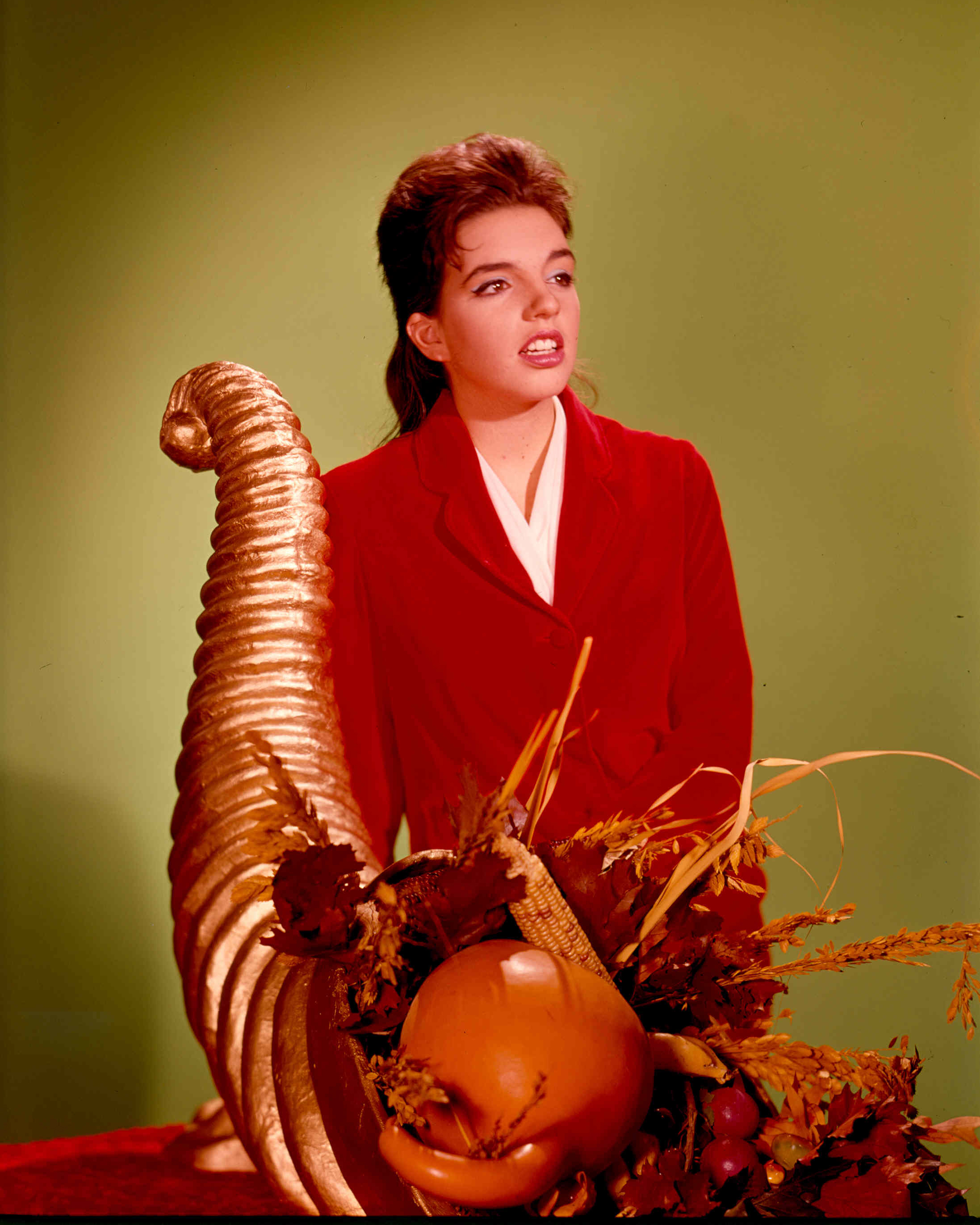 Liza Minnelli poses in a red jacket beside an autumnal table setting in a studio portrait from 1965. | Source: Getty Images