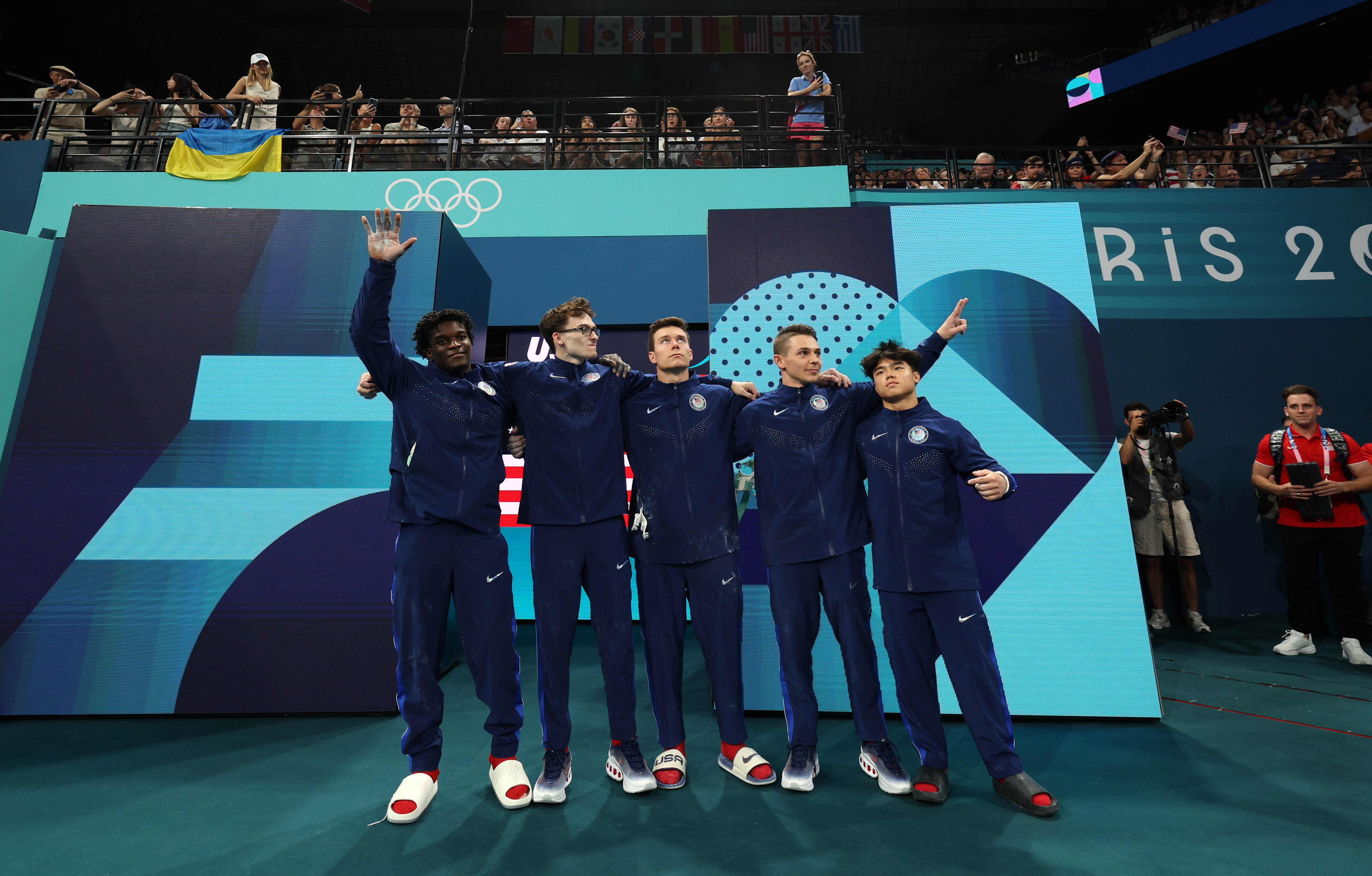 Team USA athletes enter the arena before the Artistic Gymnastics Men's Team Final at the Paris 2024 Olympics on July 29, 2024 | Source: Getty Images