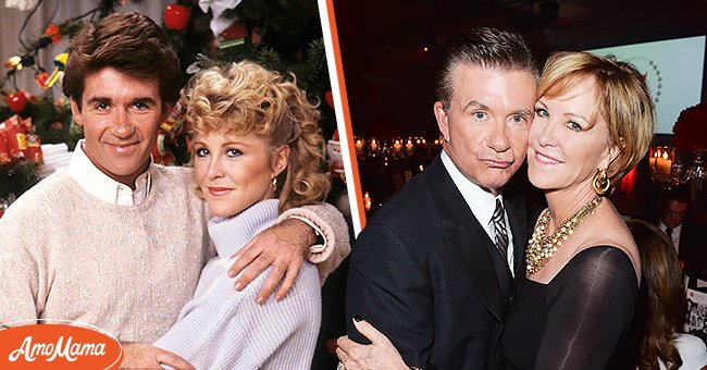 Alan Thicke and Joanna Kerns as Jason and Maggie Seaver in "Growing Pains" in December 1985 [left]. Alan Thicke and Joanna Kerns on September 21, 2013 in Toronto, Canada [right] | Photo: Getty Images 