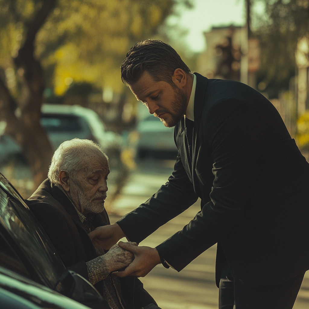 A young man helping an elderly man get inside his car | Source: Midjourney