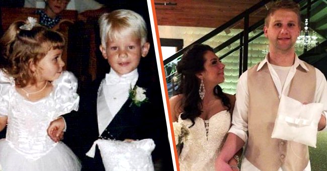  Briggs Fussy and Brittney Husbyn at Fussy’s godmother’s wedding when they were toddlers [left]; Briggs Fussy and Brittney Husbyn at their own wedding [right].┃Source: facebook.com/ktla5