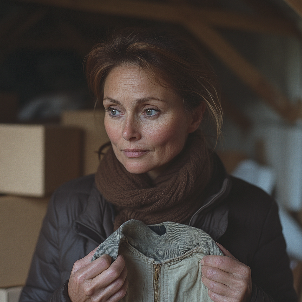 A woman holding a jacket in the attic | Source: Midjourney