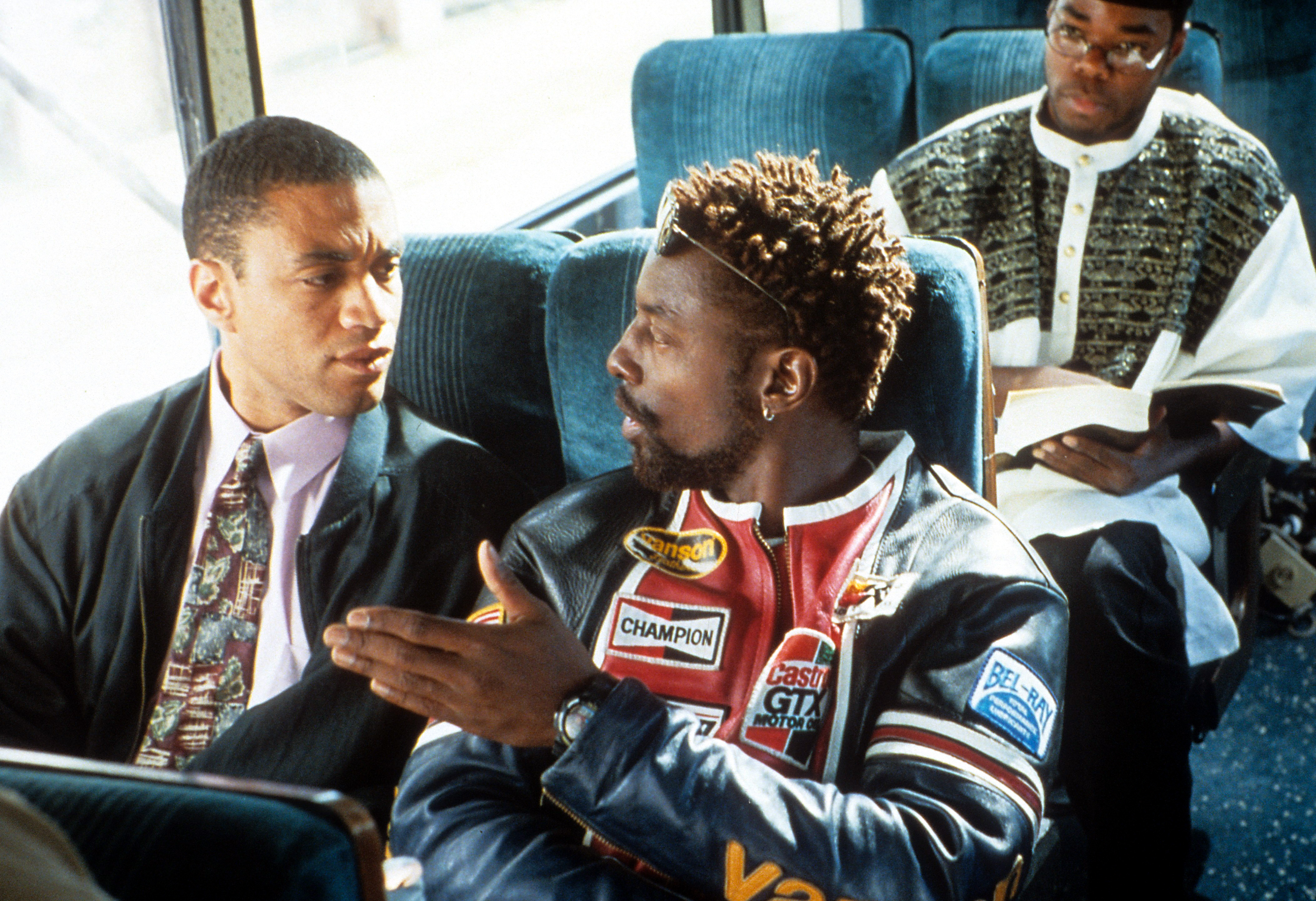 Harry Lennix and Isaiah Washington during a scene from the film "Get On The Bus" in 1996 | Source: Getty Images