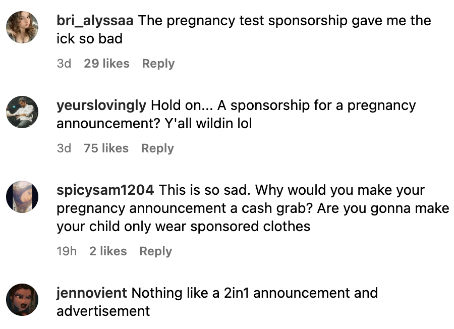 Instagram users criticizing the pregnancy test sponsorship | Source: Instagram.com/caseycott