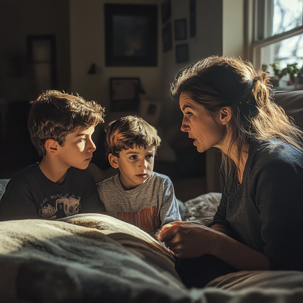 Mother talking to her sons in their room | Source: Midjourney