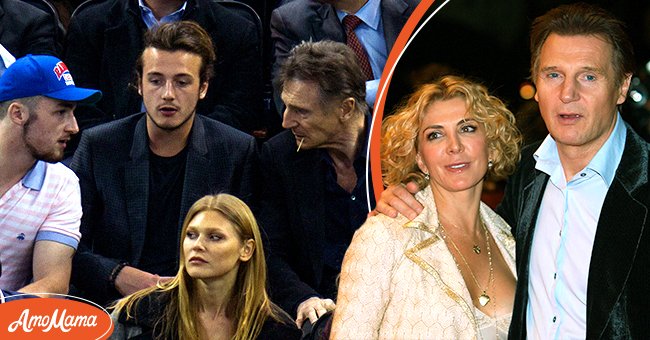 Daniel Neeson, Micheál Richardson, and Liam Neeson at a hockey game on March 23, 2016, in New York City, and the star with Natasha Richardson at the British premiere of "The Other Man" on October 17, 2008, in London's Leicester Square | Photos: TM/NHL/GC Images & MAX NASH/AFP/Getty Images