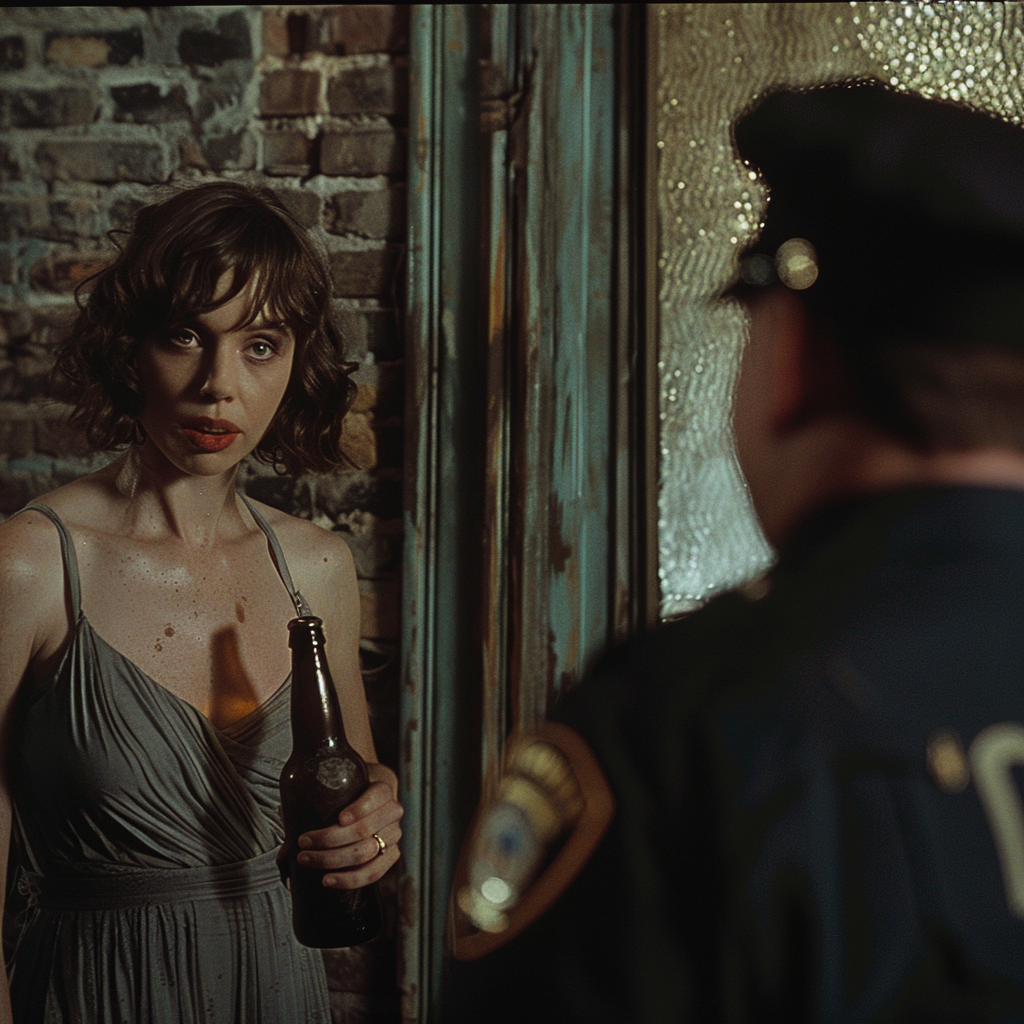 A woman standing on her doorstep talking to a cop | Source: Midjourney