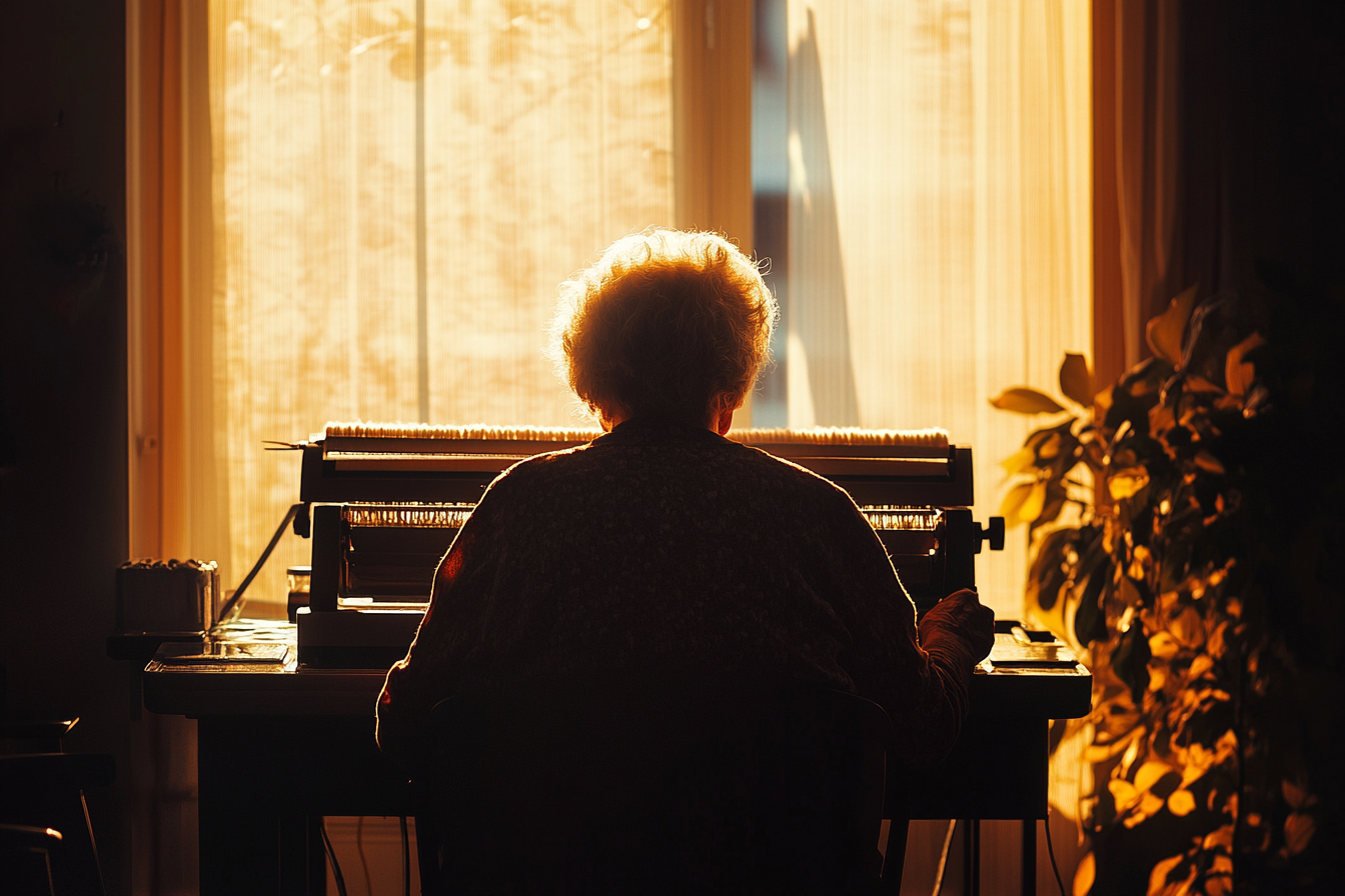 An older woman using a knitting machine | Source: Midjourney