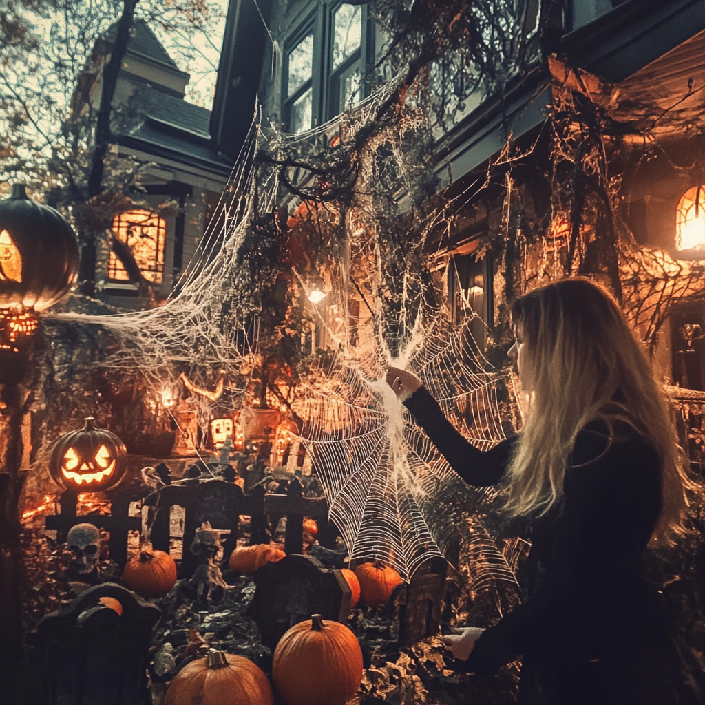 Woman standing outside her house, surrounded by spooky Halloween decorations. | Source: Midjourney