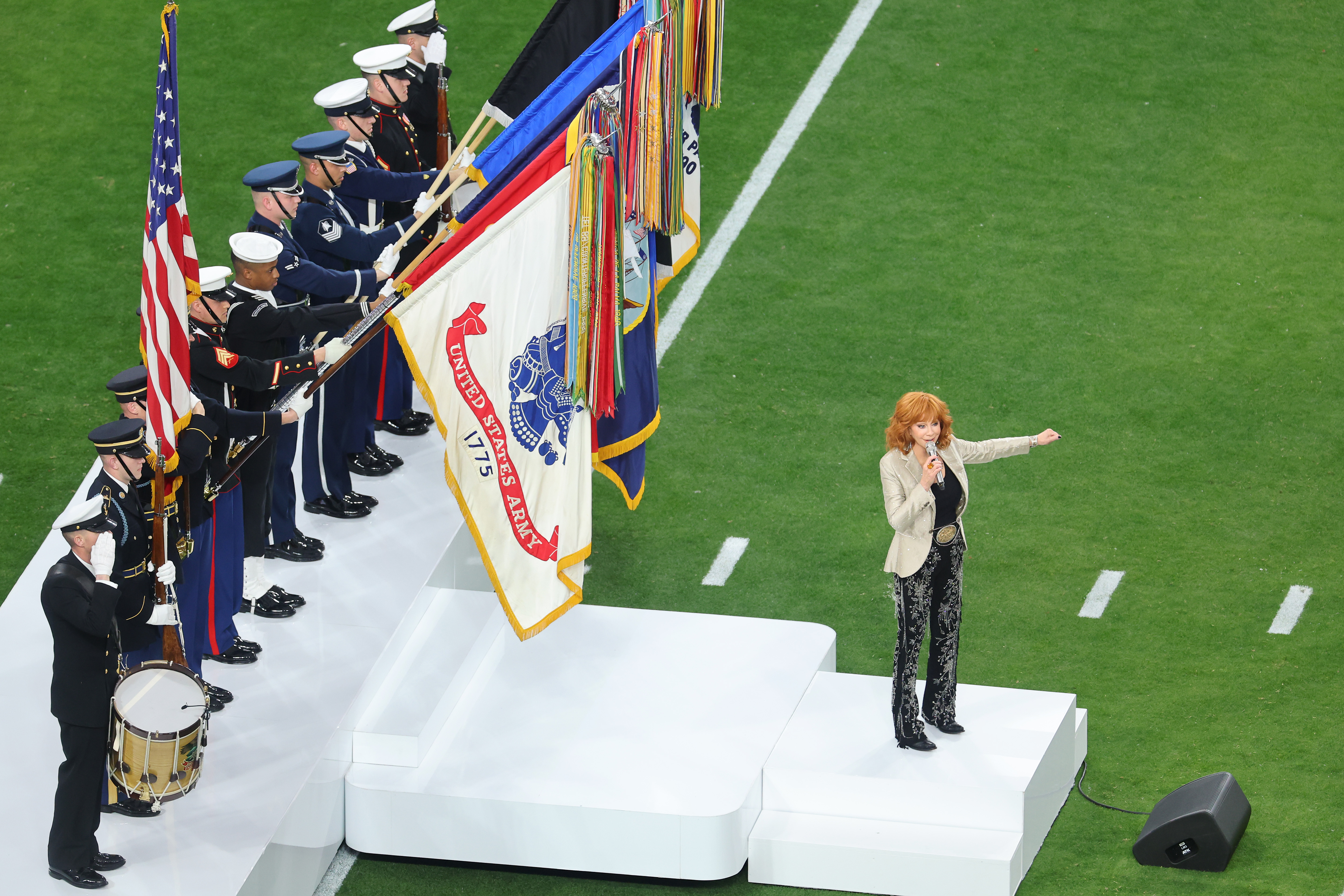Reba McEntire performing the national anthem at the Super Bowl in 2024 | Source: Getty Images