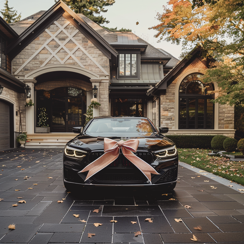 Car parked in driveway with a bow | Source: Midjourney