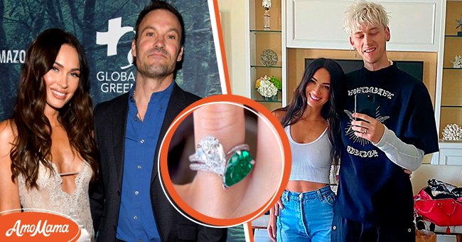  Megan Fox and her ex-husband Brian Austin Green at the PUBG Mobile's #FIGHT4THEAMAZON Event, 2019, Los Angeles, California [Right] Fox and Machine Gun Kelly pictured together on Instagram in 2021 [Right] A close-up of Fox's new engagement ring [Circle] Photo: Instagram/meganfox & instagram/machinegunkelly | Getty Images