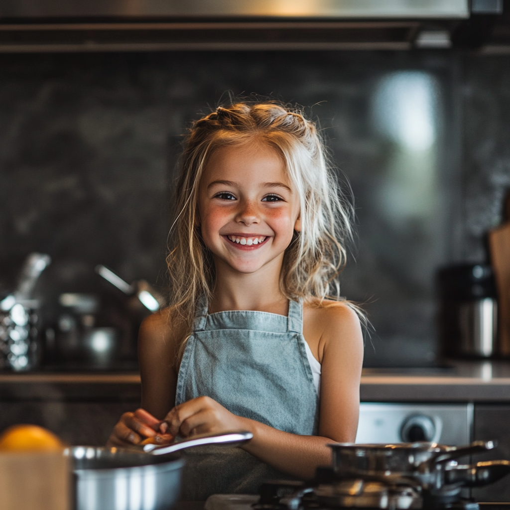 A smiling girl cooking | Source: Midjourney