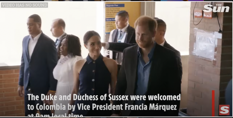 Yerney Pinillo, Vice President Francia Márquez, Meghan Markle, and Prince Harry visit a local charter school, Colegio Cultura Popular, in Bogota, Colombia, from a YouTube video dated August 16, 2024 | Source: Youtube/@thesun