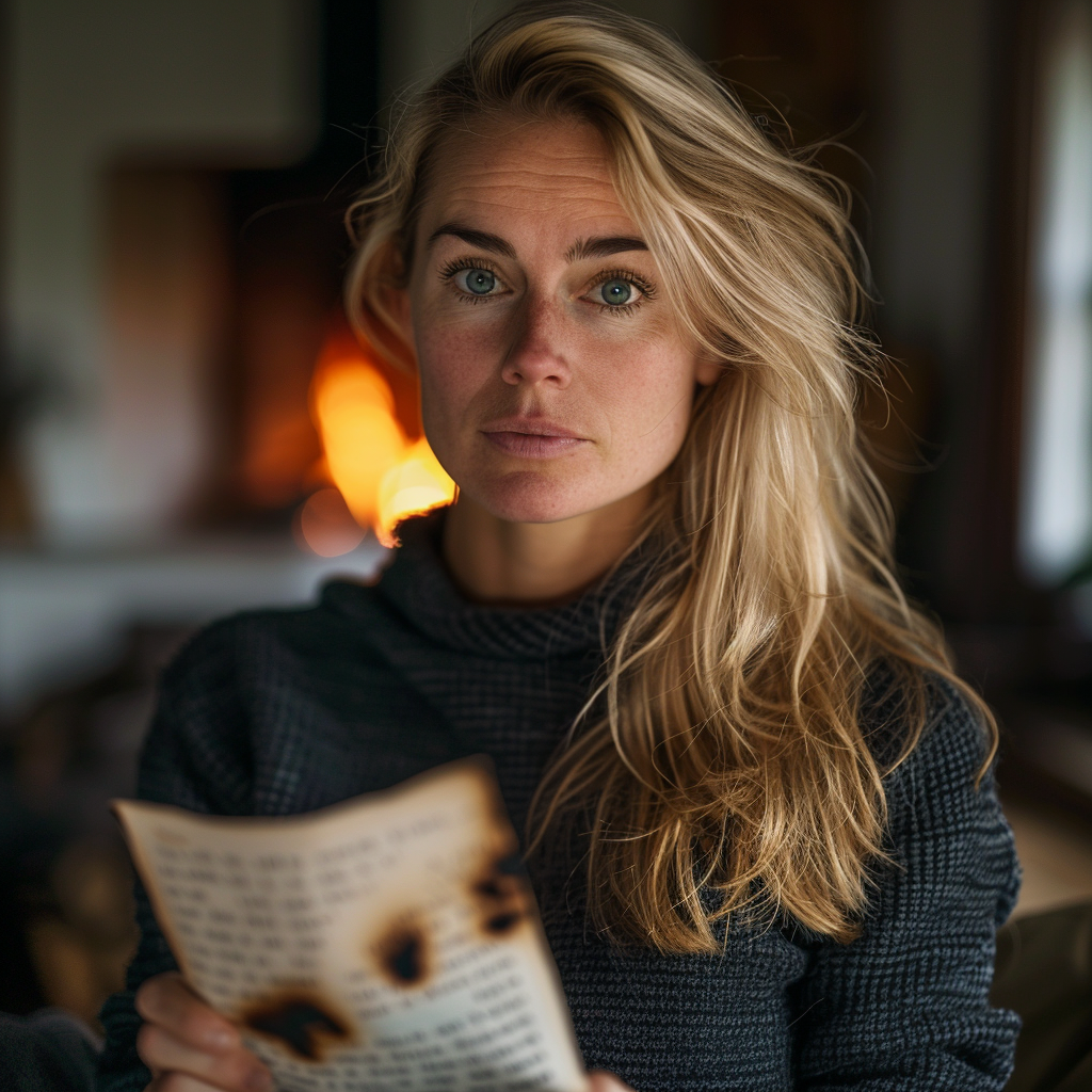 A shocked woman holding a half-burnt piece of paper | Source: Midjourney