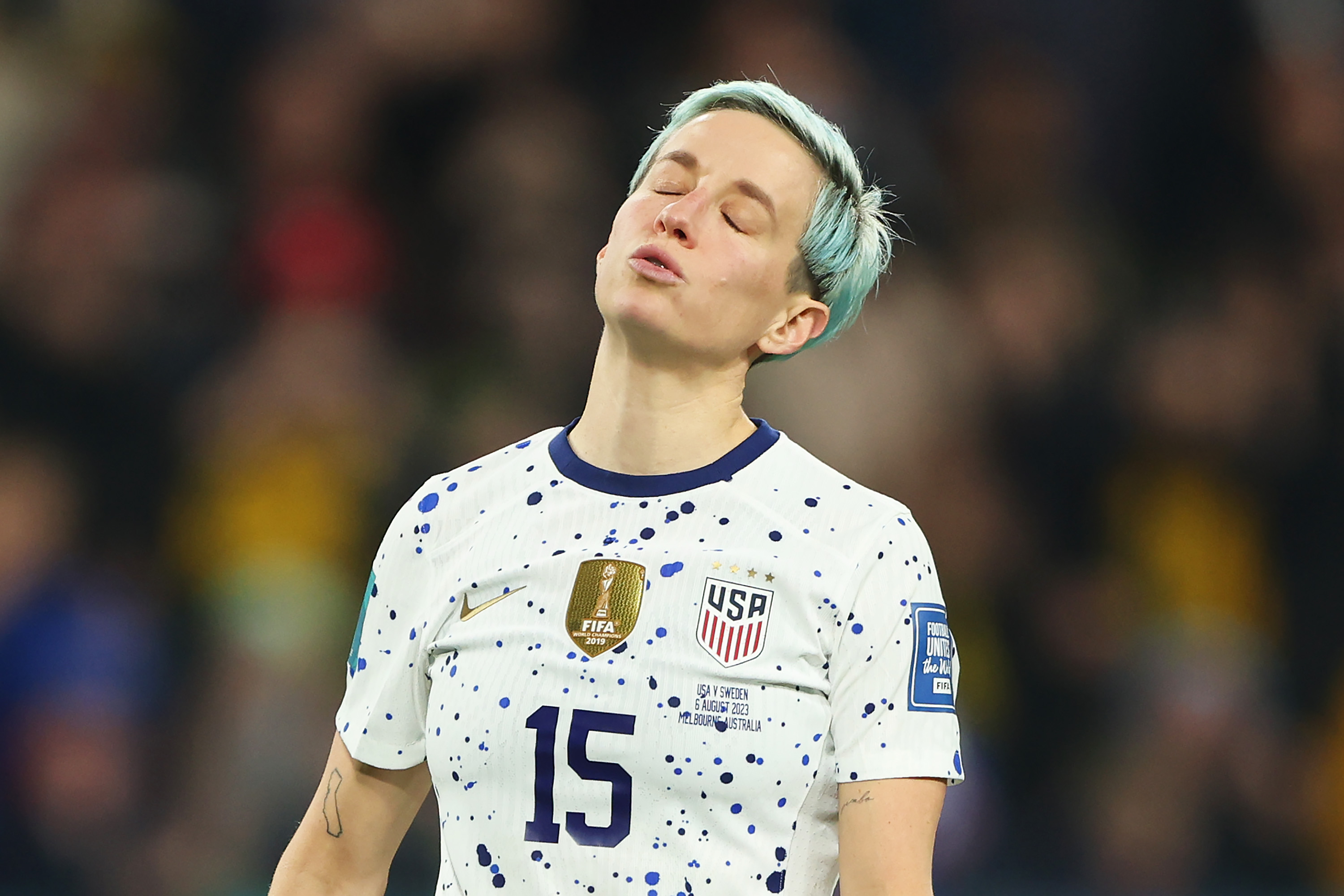 Megan Rapinoe of the USA reacts after missing her team's fourth penalty in the penalty shoot-out during the FIFA Women's World Cup round 16 match against Sweden on August 6, 2023, in Melbourne/Naarm, Australia | Source: Getty Images
