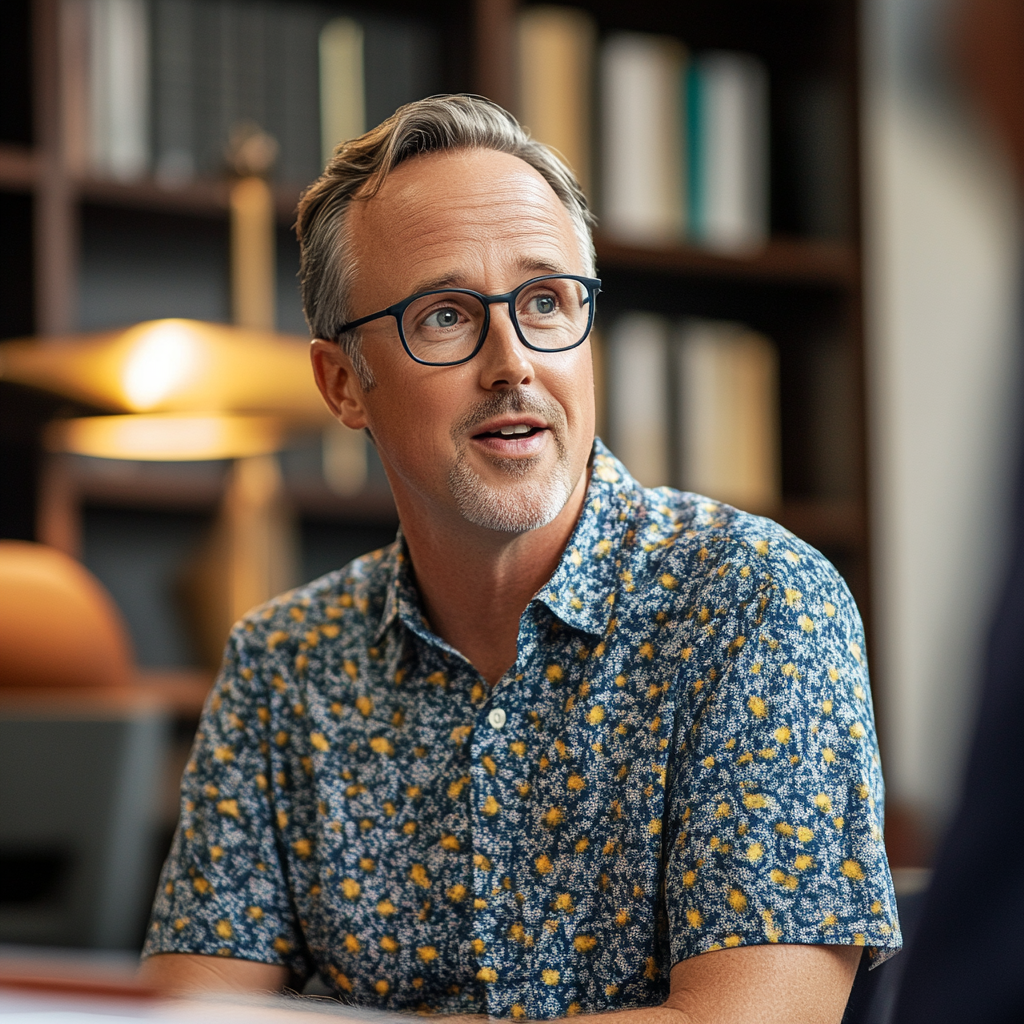 A man talking to someone in a lawyers office | Source: Midjourney