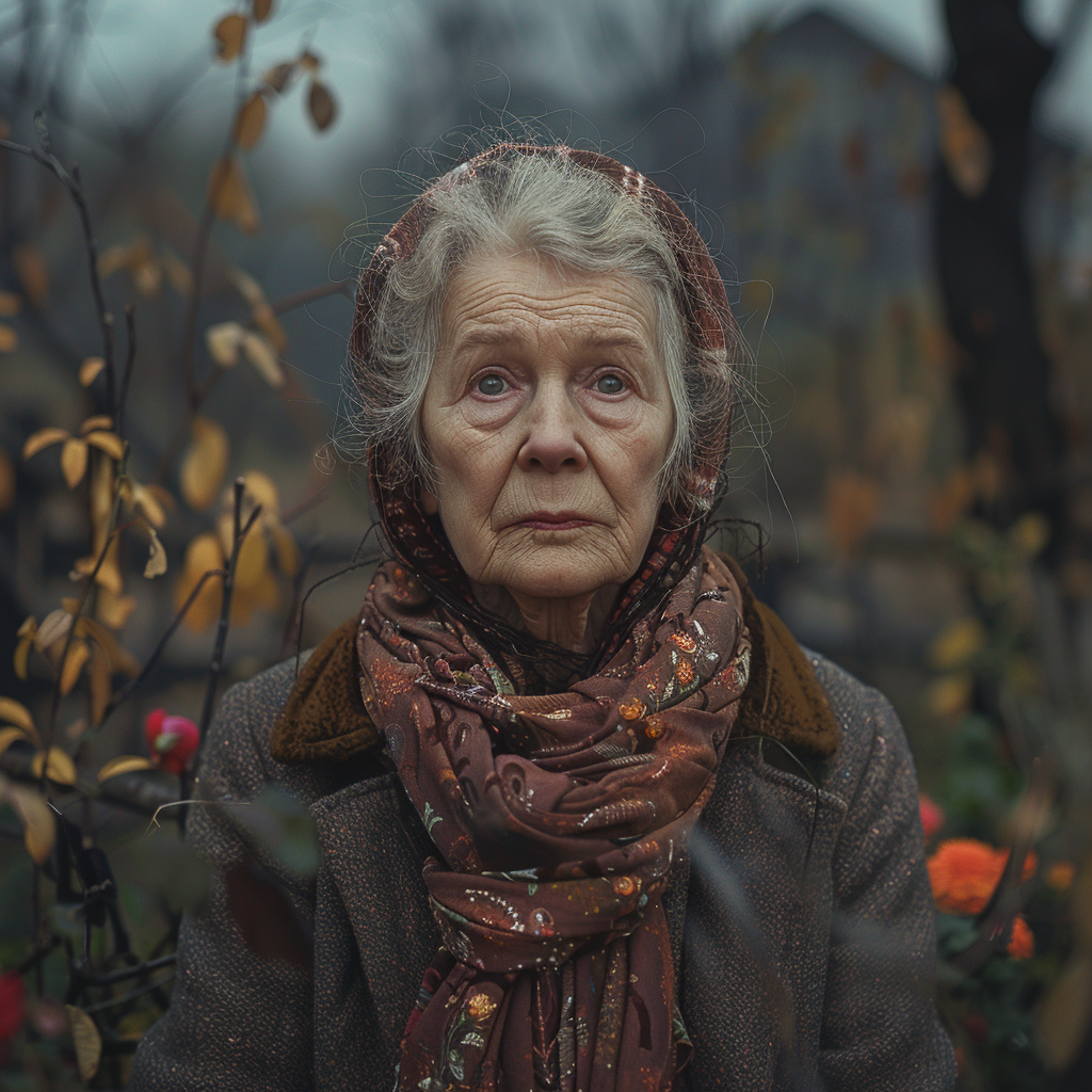 A sad old woman standing in her garden | Source: Midjourney