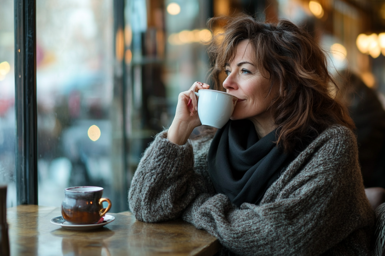 A woman drinking in a cafe | Source: Midjourney