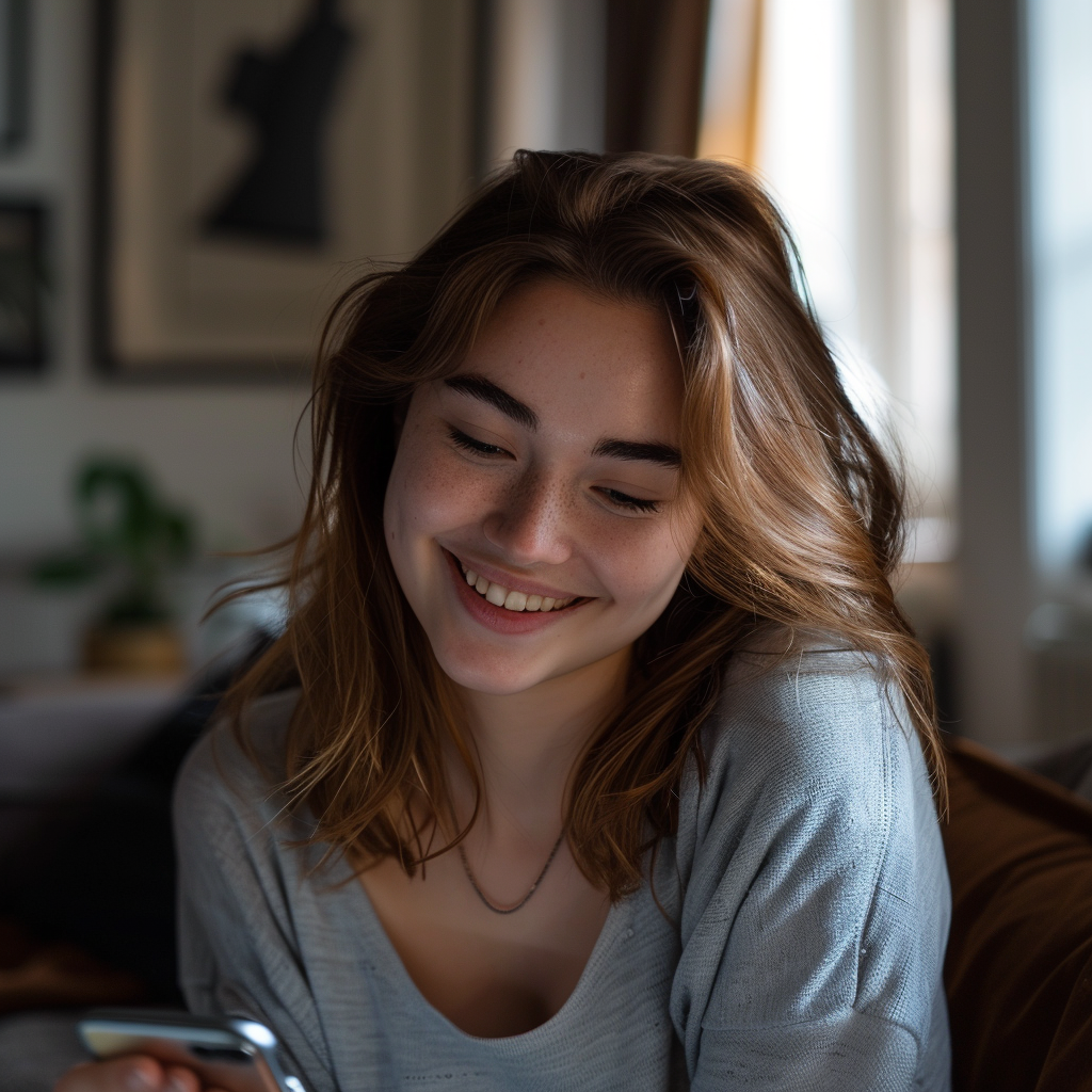 A woman smiles while looking at her phone screen | Source: Midjourney