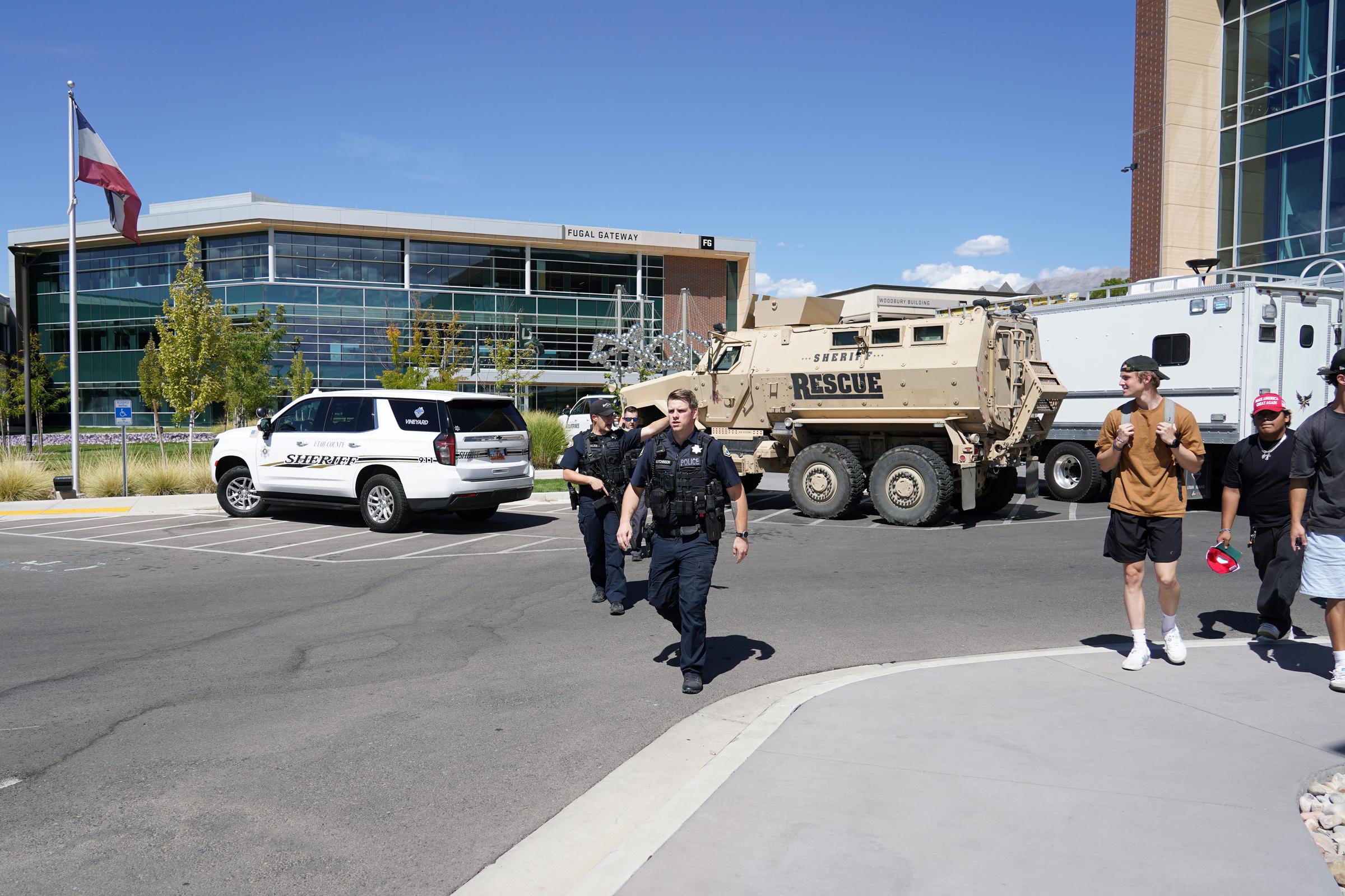 Law enforcement officers and tactical vehicles respond to the scene of the shooting at Utah Valley University on September 10, 2025 | Source: Getty Images