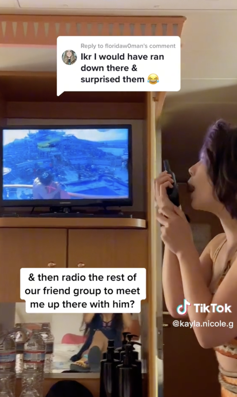 Kayla Gardner grabs a walkie-talkie, alerting her friends to reach the cruise ship's deck area. | Source: tiktok.com/@kayla.nicole.g
