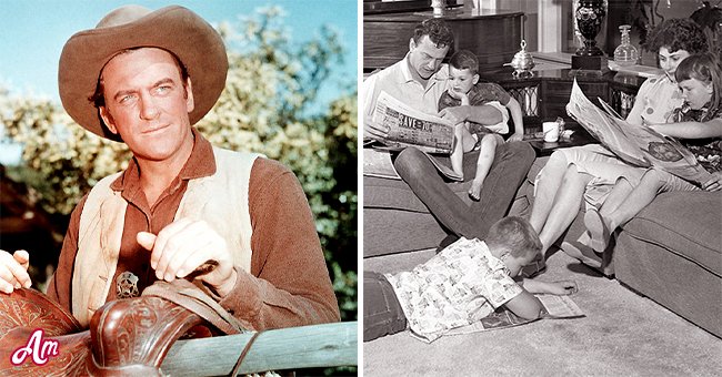 James Arness on a scene from "Gunsmoke" and together with his kids. | Source: Getty Images