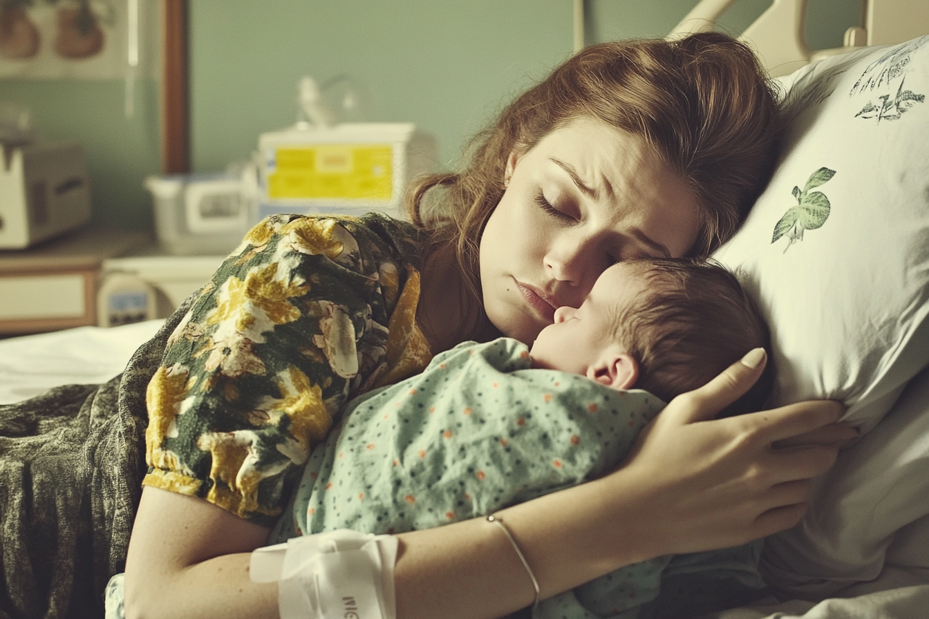 A woman holding her newborn baby | Source: Midjourney