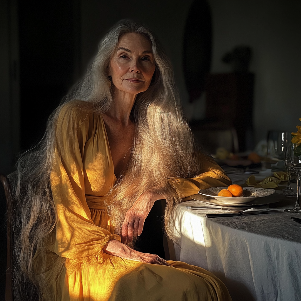 An older woman sitting at a table | Source: Midjourney