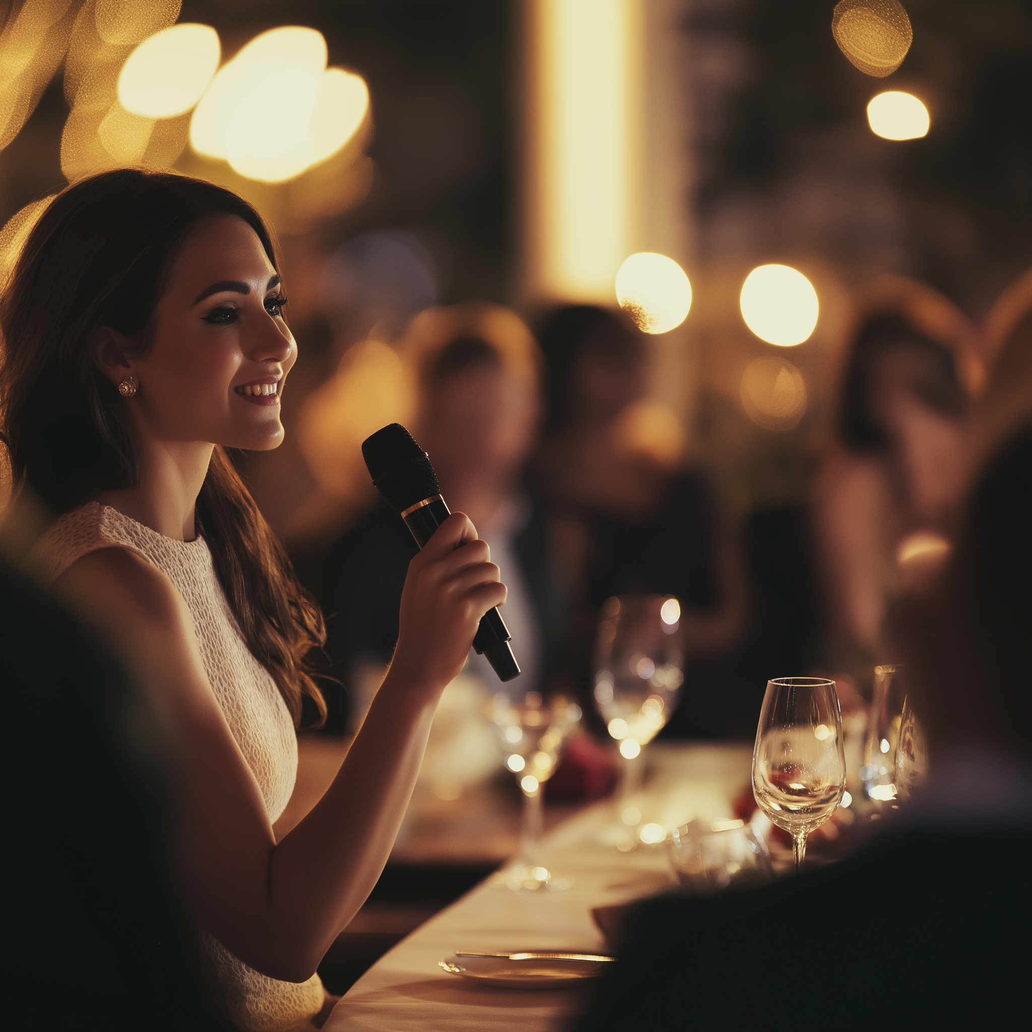 A woman talking on a mic during a party | Source: Midjourney