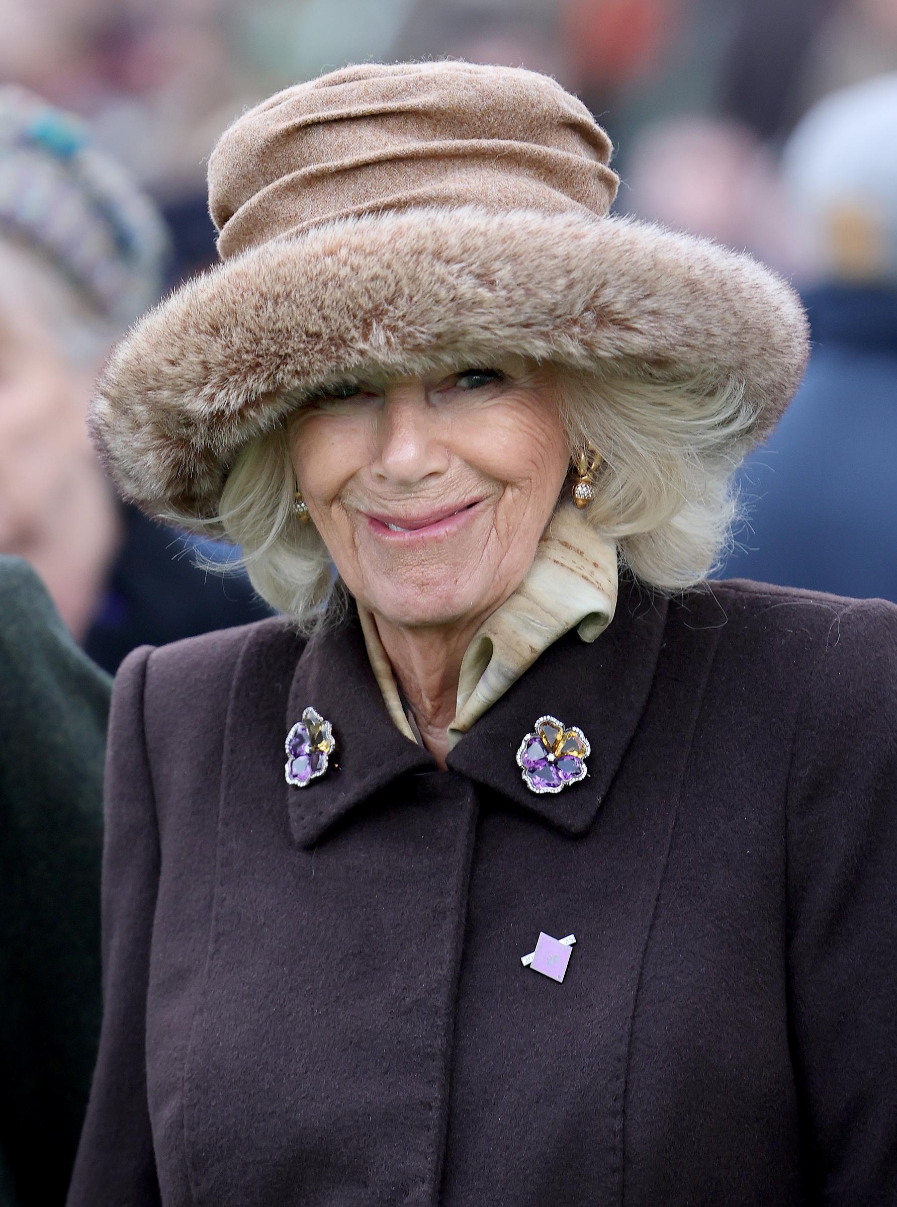 Queen Camilla arrives on day 2 'Style Wednesday' of the Cheltenham Festival at Cheltenham Racecourse on March 12, 2025, in London, England | Source: Getty Images