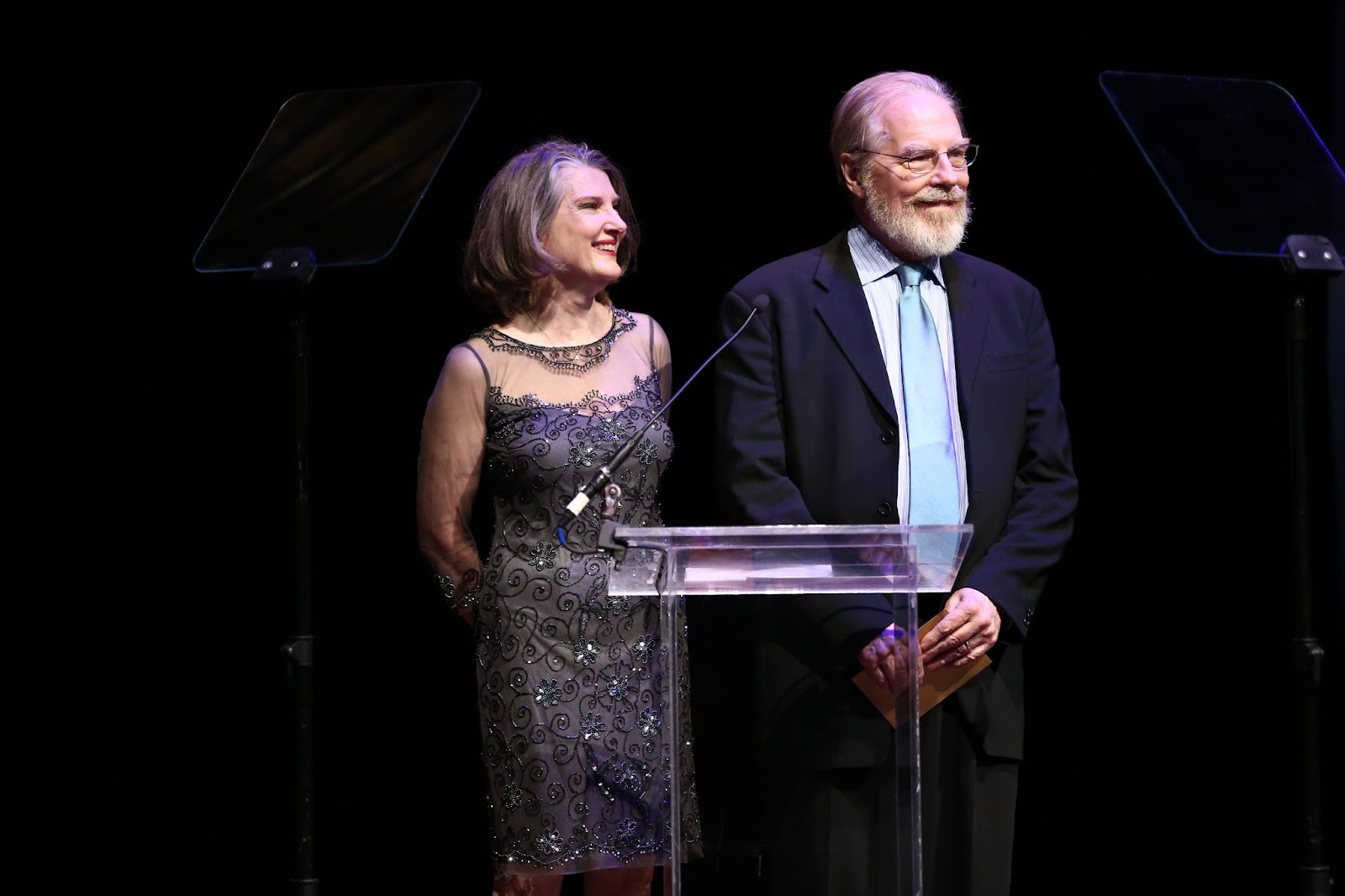 The actress and Michael McKean on stage during the 32nd Annual Lucille Lortel Awards on May 7, 2017, in New York. The couple, united by a shared passion for the arts, took the stage together, highlighting their mutual support and admiration. | Source: Getty Images