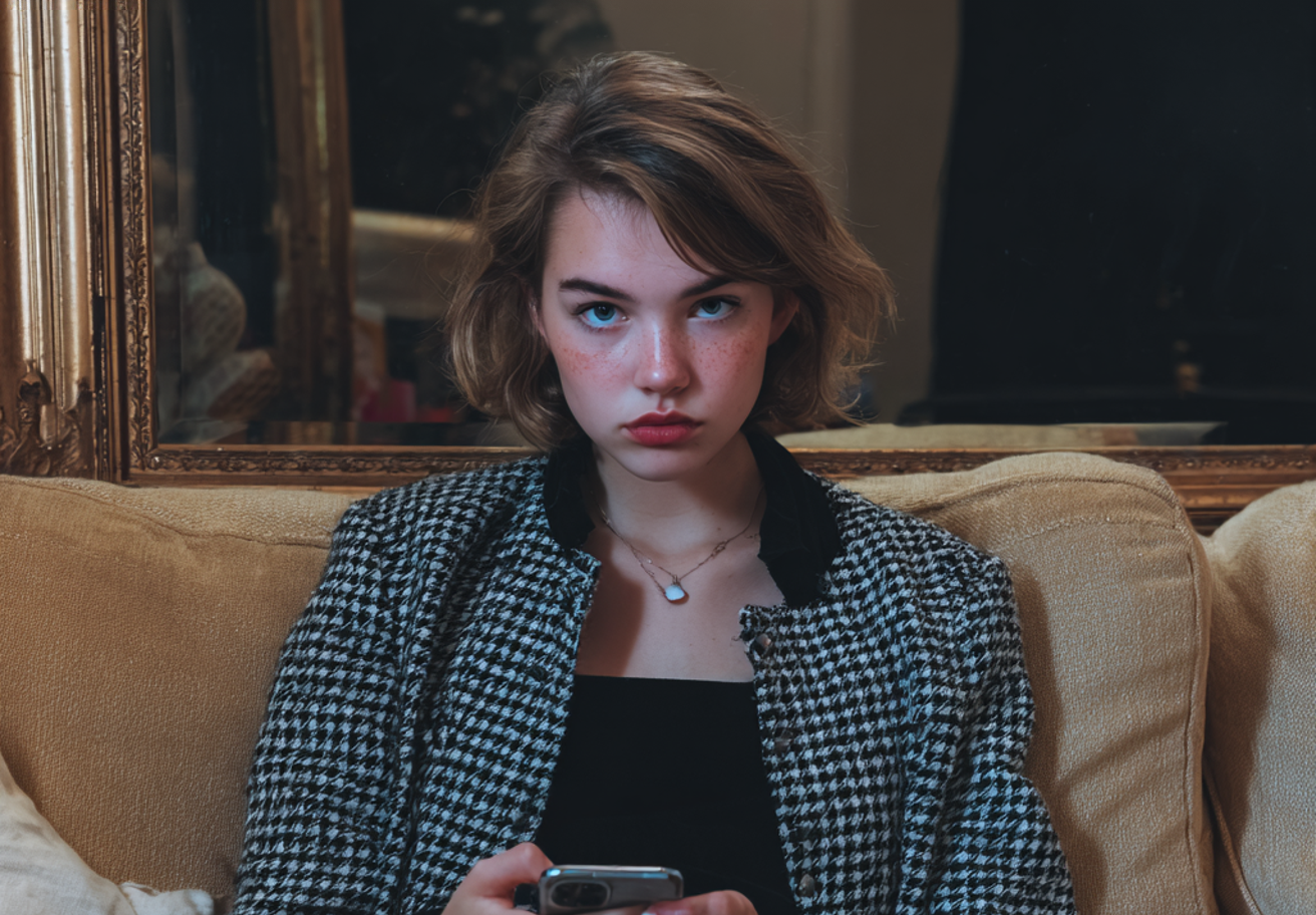 A grumpy teenage girl using her phone | Source: Midjourney