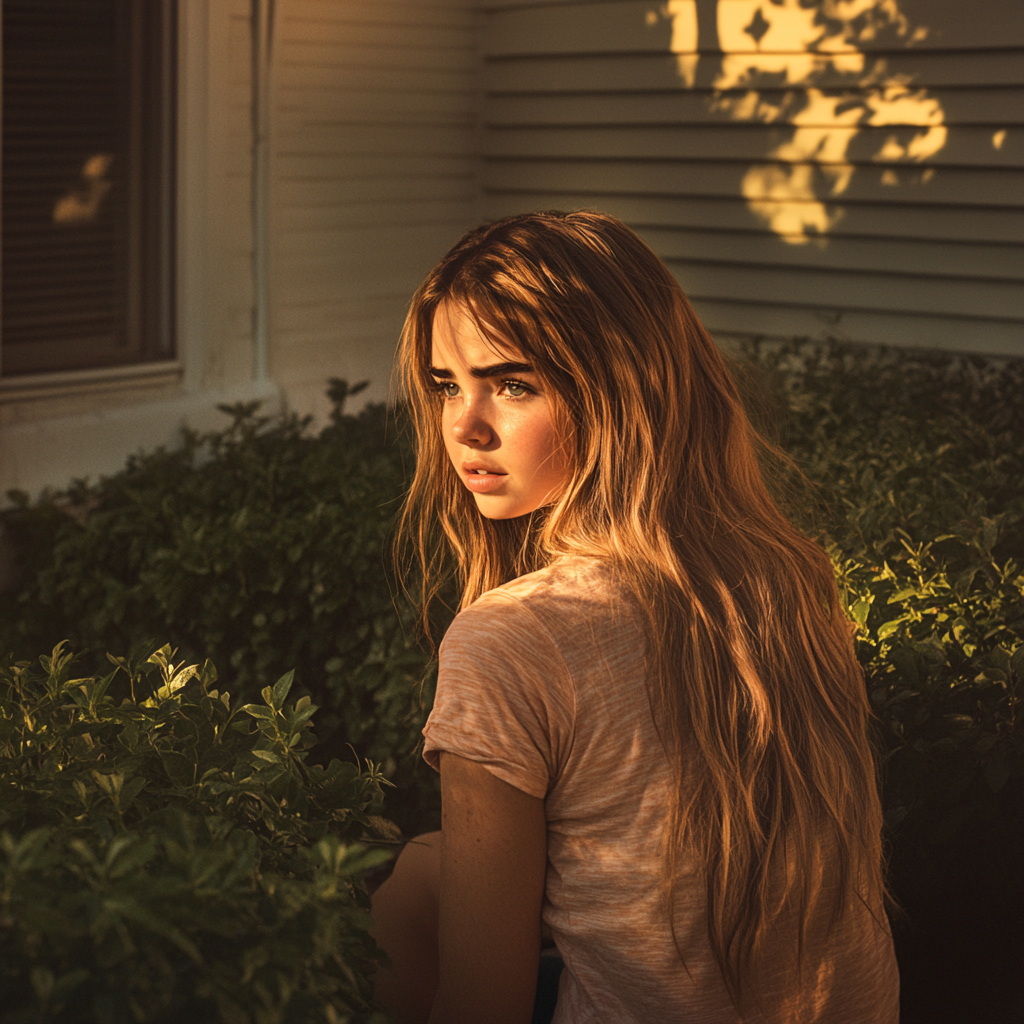 A young woman sitting near boxwood bush | Source: Midjourney