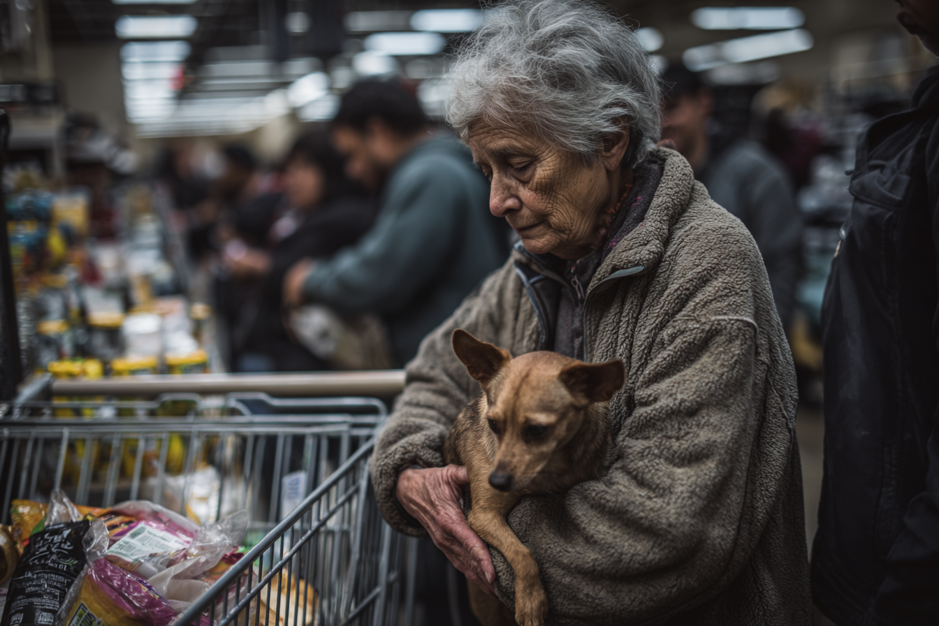 An older woman in a supermarket with her dog | Source: Midjourney