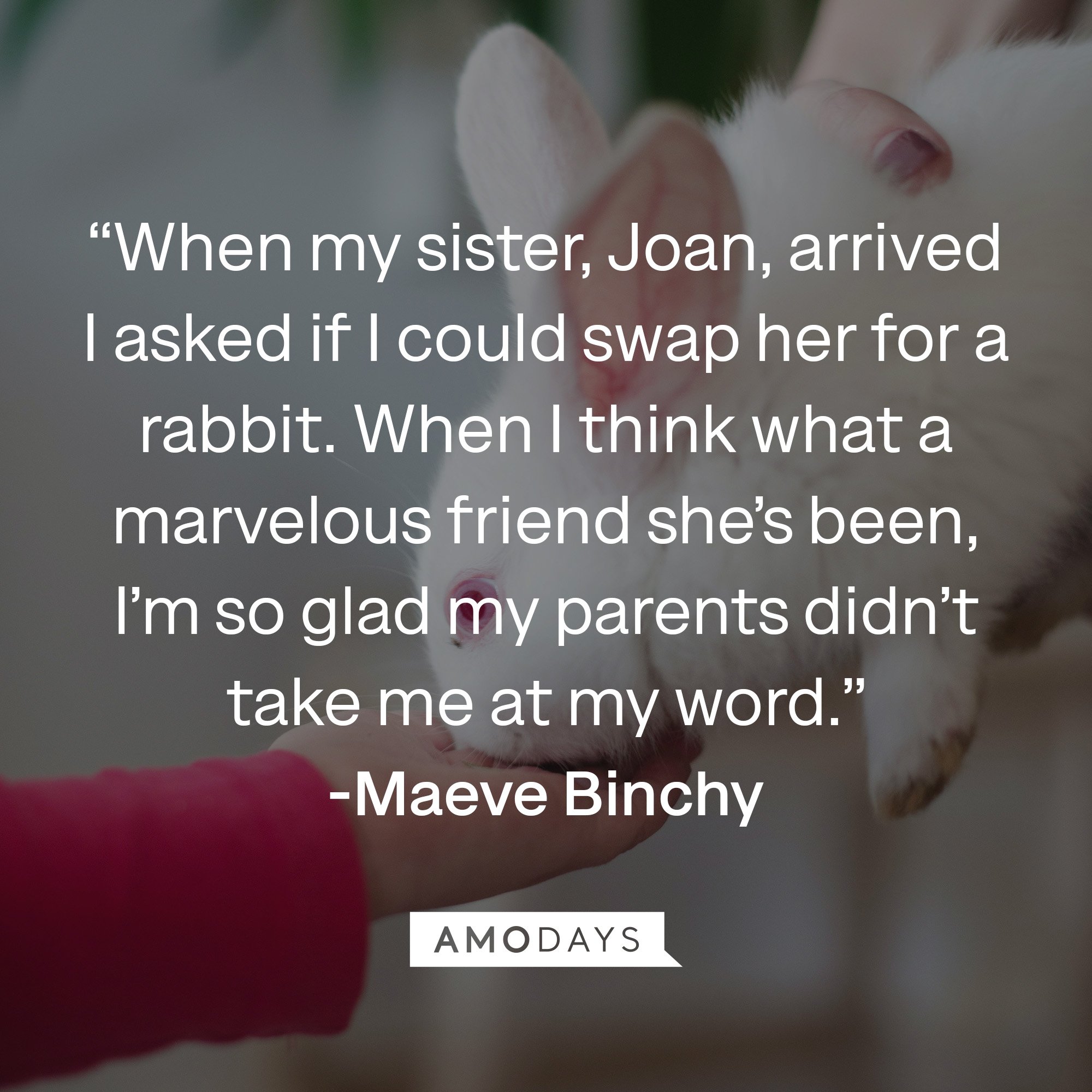 Maeve Binchy's quote: “When my sister, Joan, arrived I asked if I could swap her for a rabbit. When I think what a marvelous friend she’s been, I’m so glad my parents didn’t take me at my word.” | Image: AmoDays