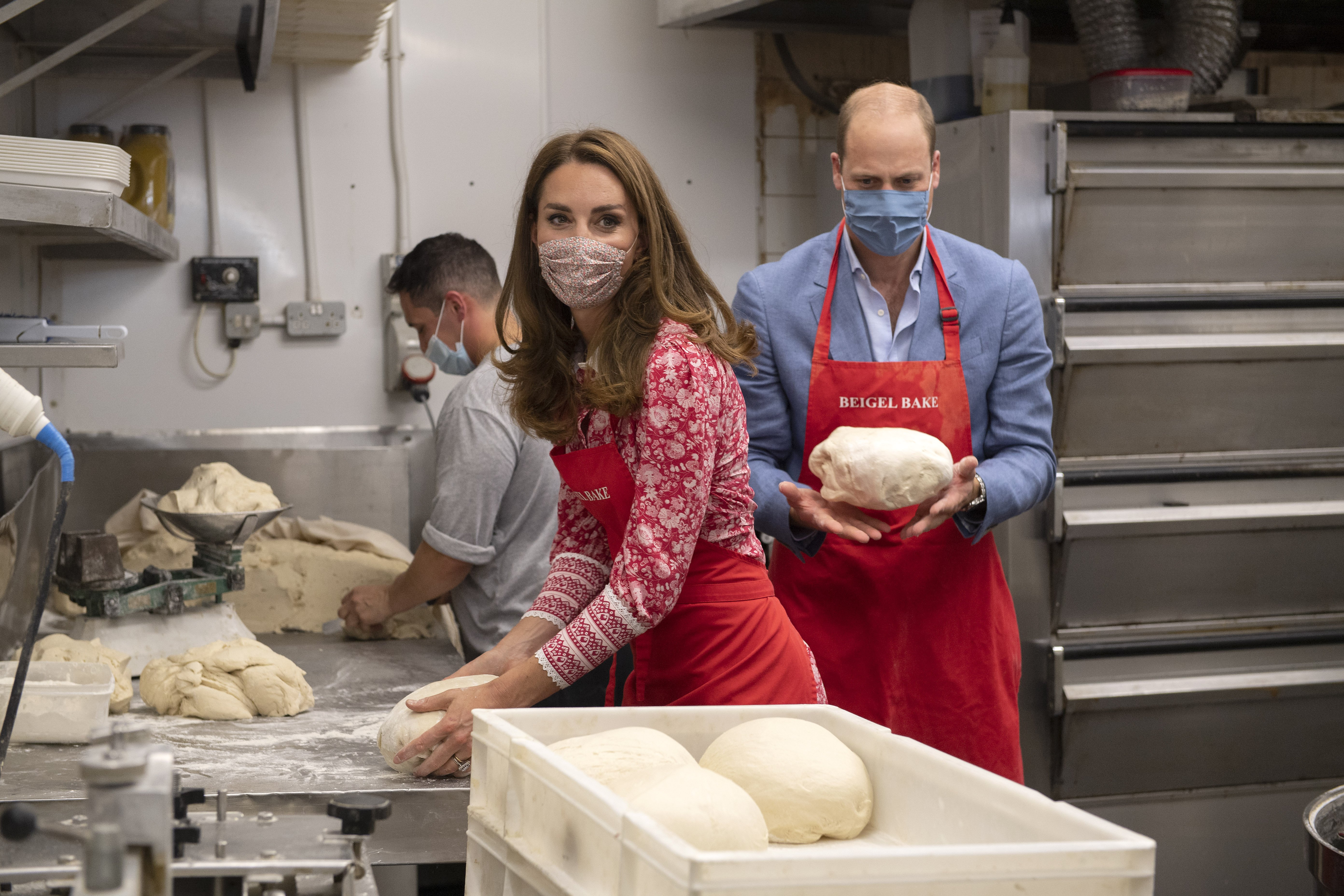 Kate Middleton and her husband Prince William pictured kneading dough during a visit to Beigel Bake Brick Lane Bakery on September 15, 2020 in London, England. / Source: Getty Images