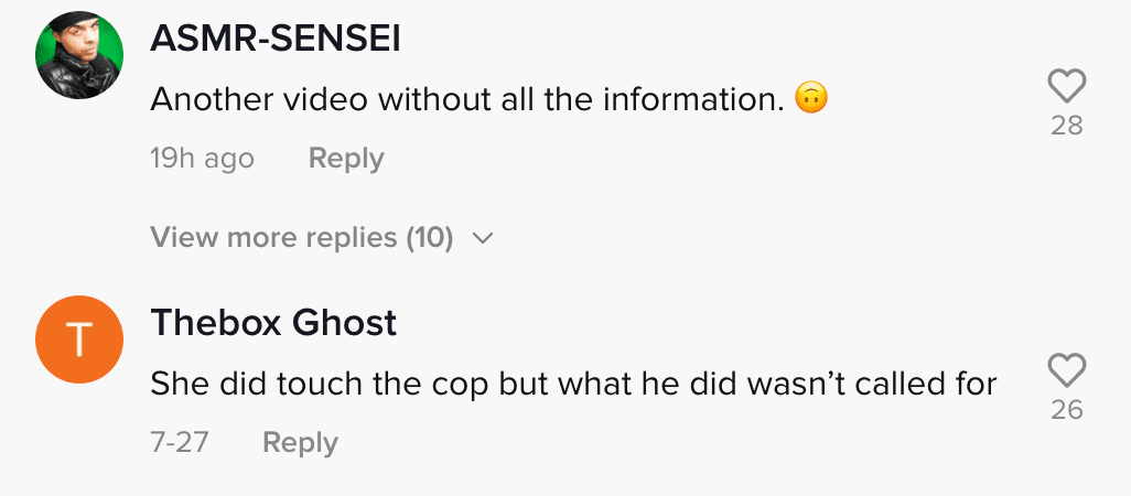 Comment section of viral TikTok video where woman claims police arrested her friends for no reason | Photo: TikTok/dj.merr
