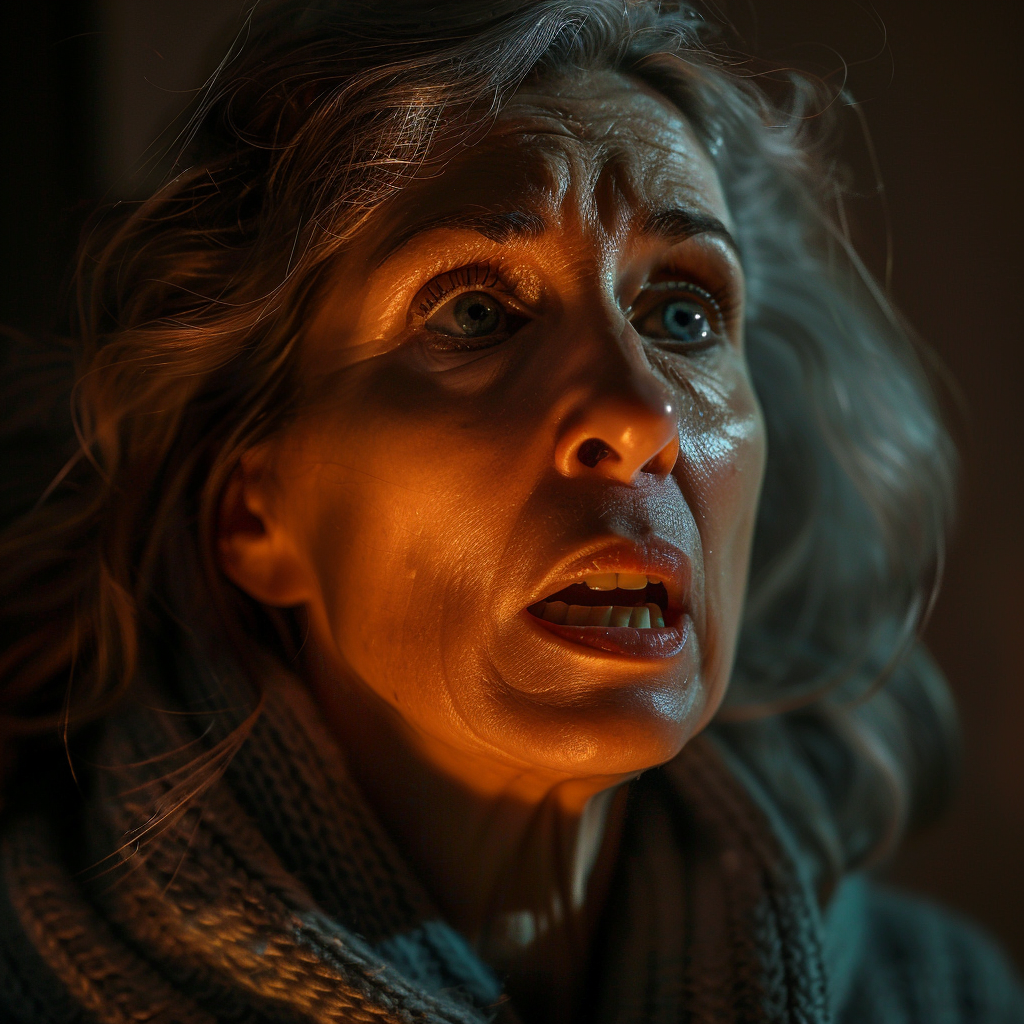 A shocked older woman looking up | Source: Midjourney