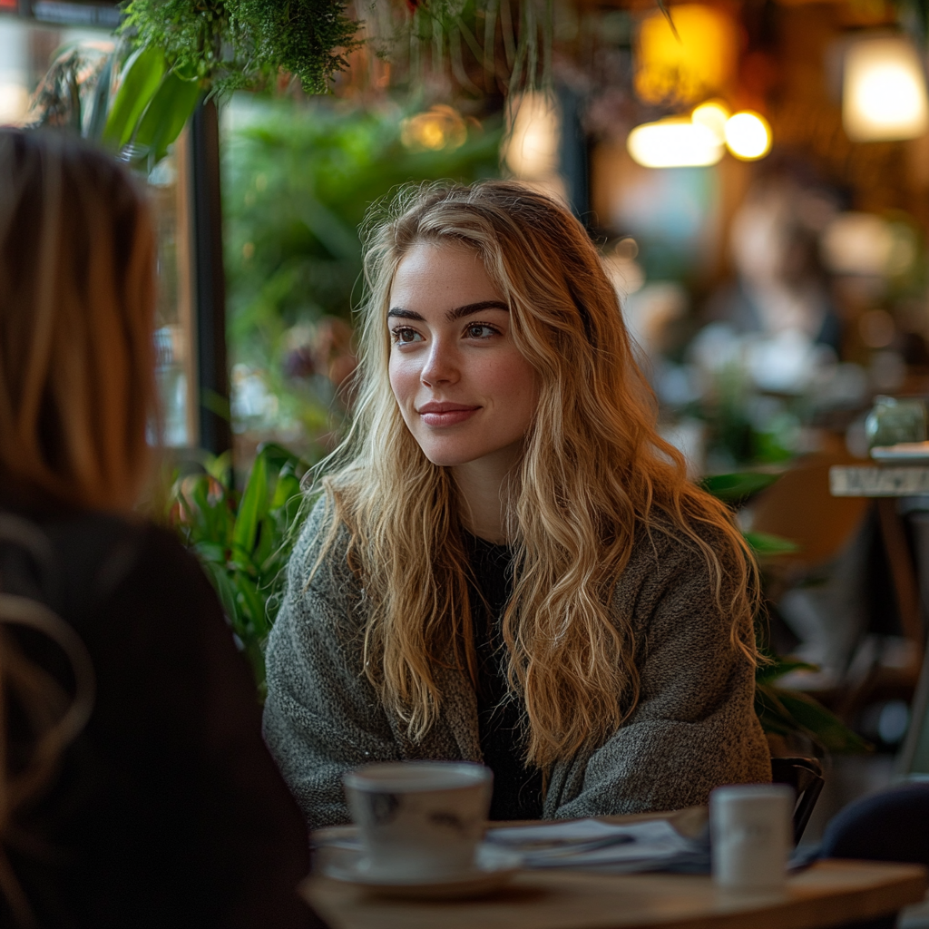 A woman sitting in a coffee shop with a friend | Source: Midjourney