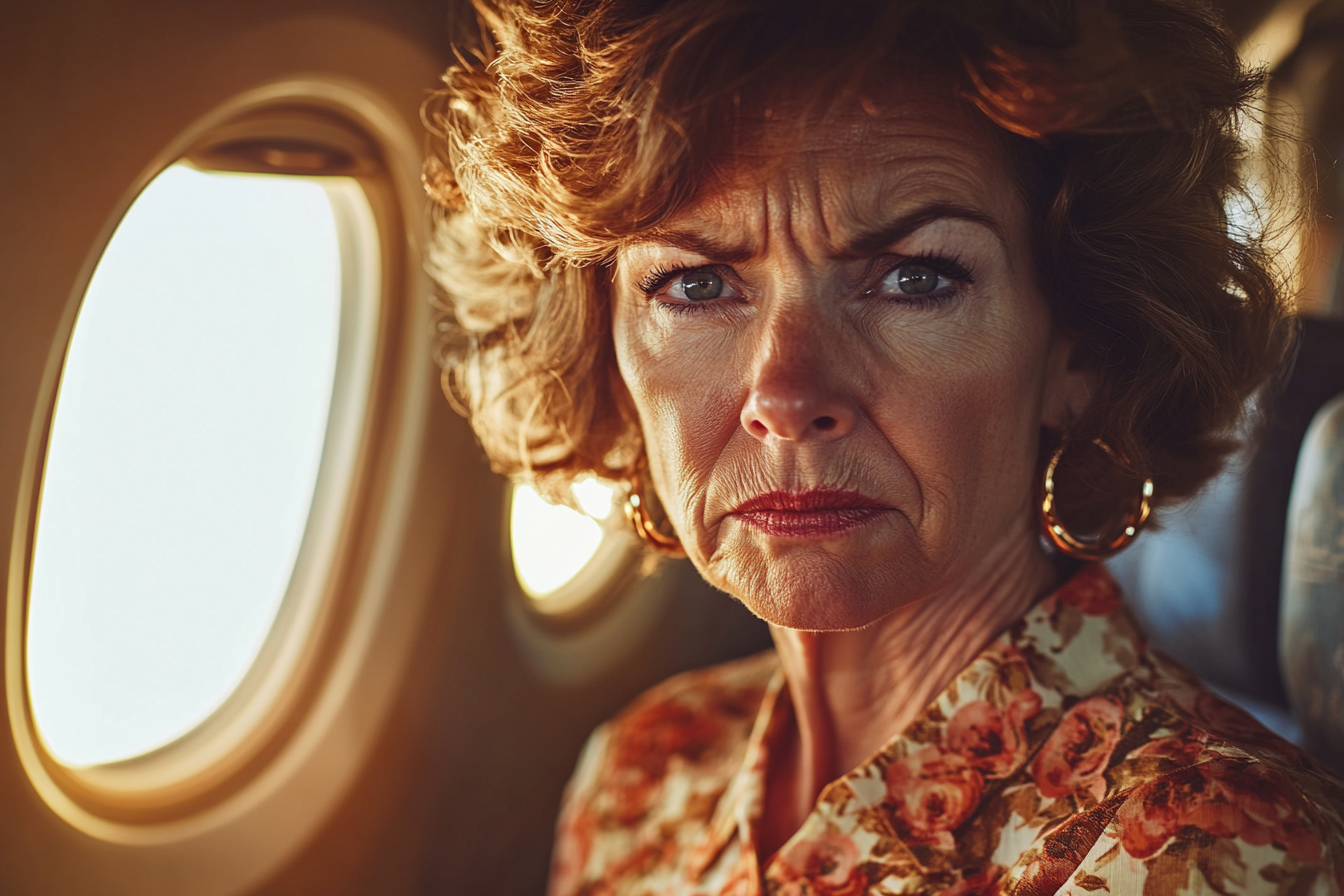 An annoyed woman in an airplane | Source: Midjourney