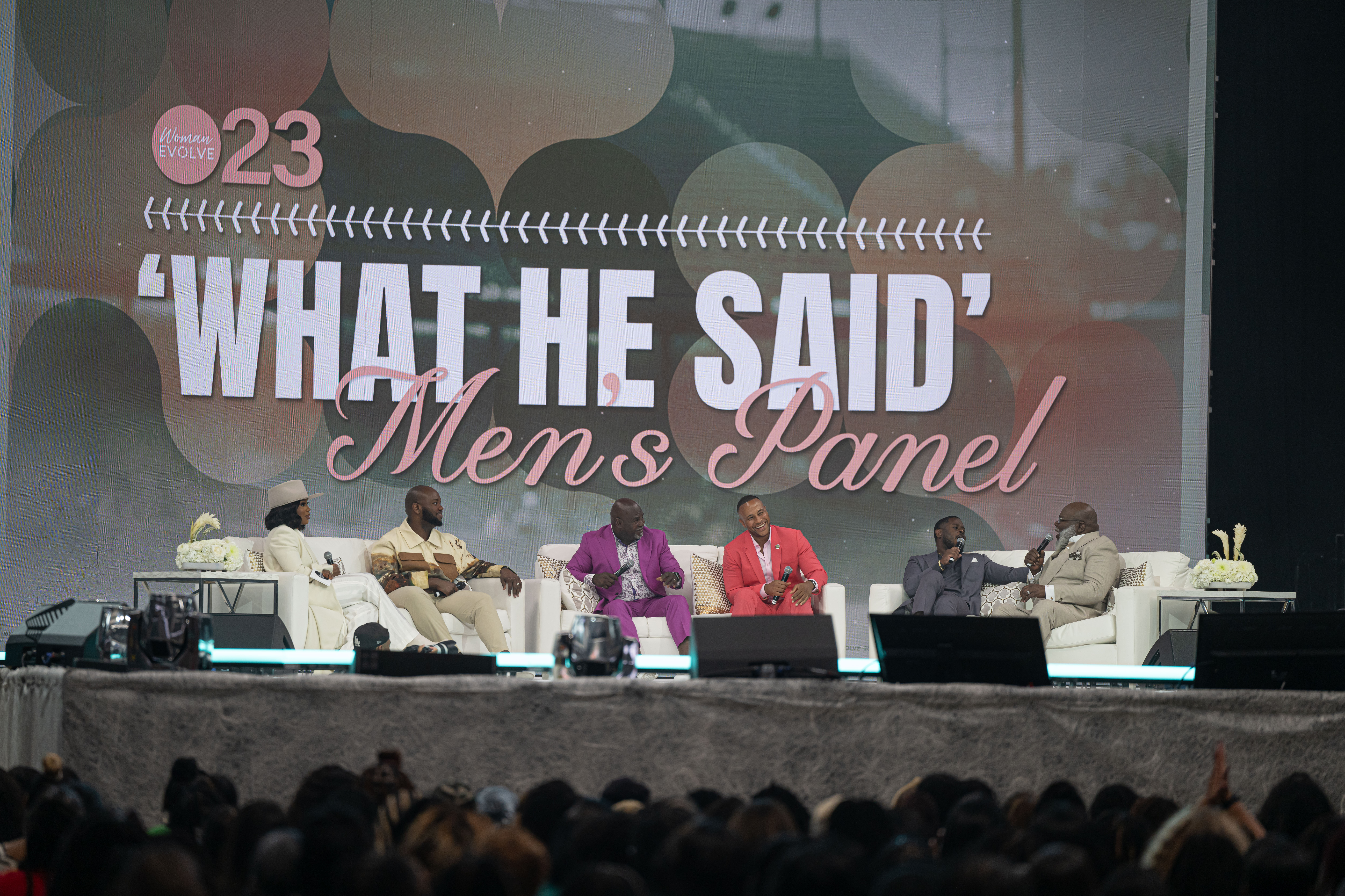 Sarah Jakes Roberts, Jermaine Jakes, David Mann, DeVon Franklin, Anthony O'Neal, and Bishop T.D. Jakes speaks on stage at the Woman Evolve 2023 on September 16, 2023, in Arlington, Texas. | Source: Getty Images