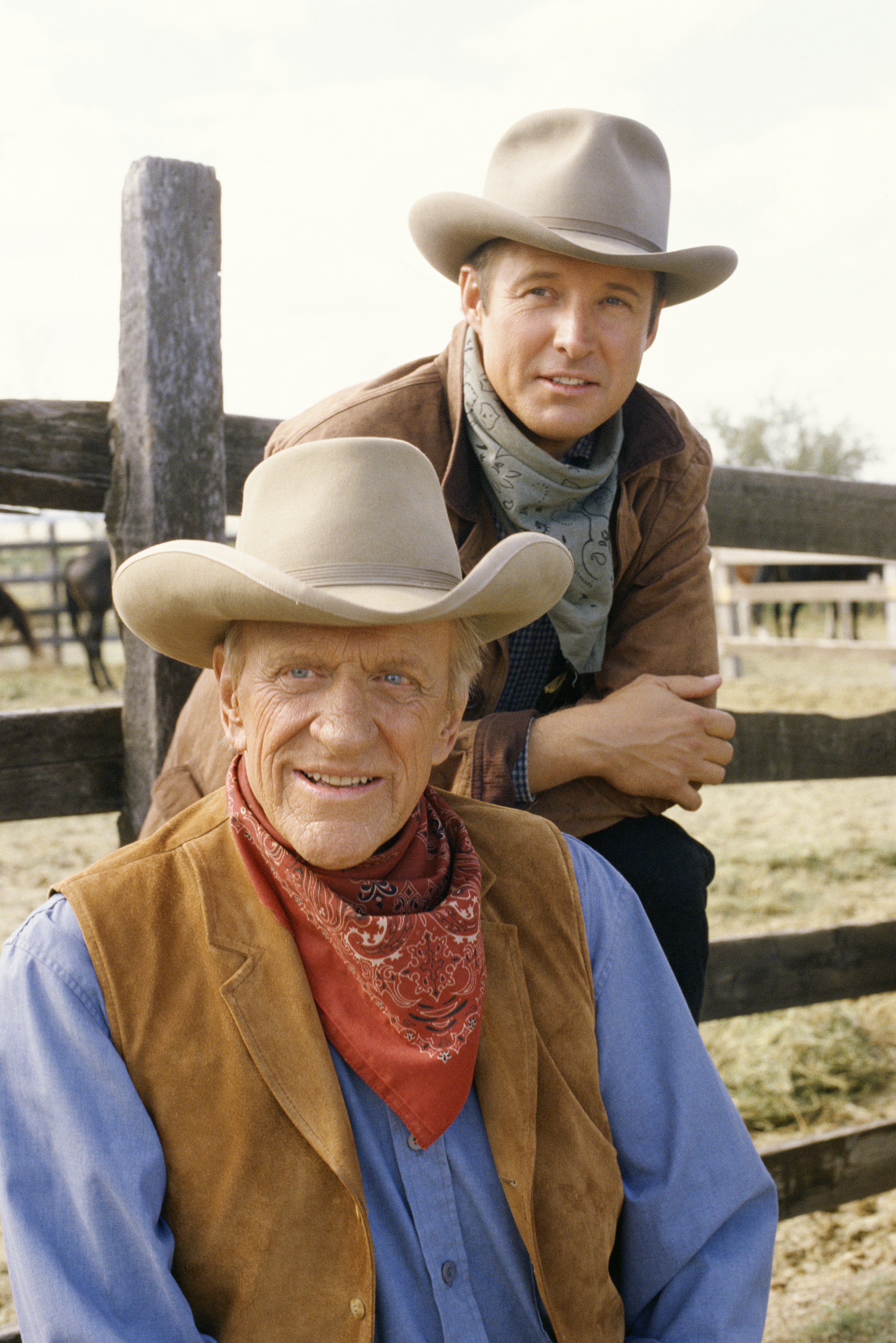 ne Mans Justice, a made-for-TV movie, featuring (from top) Bruce Boxleitner (as Davis Healy) and James Arness (as Matt Dillon). Image dated September 27, 1993. | Source: Getty Images