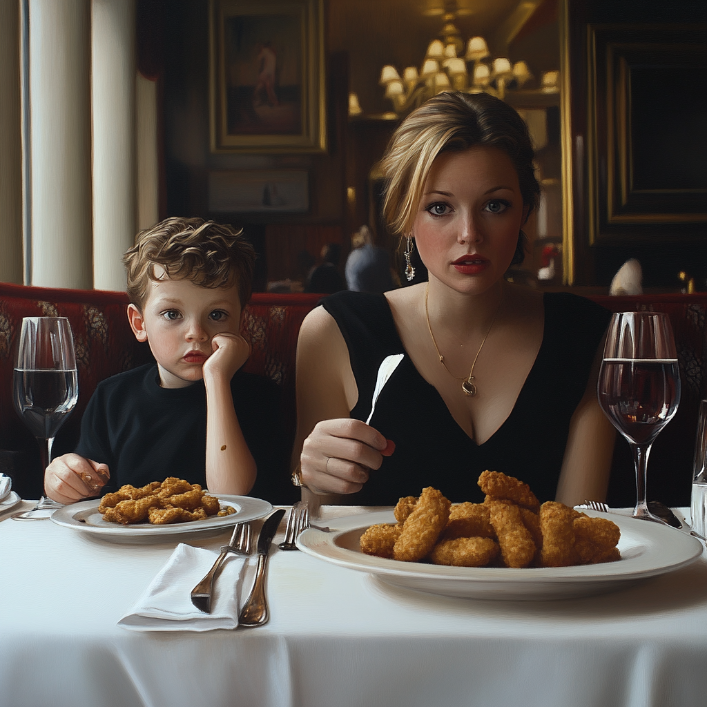 Mom and son having a meal at a fancy restaurant | Source: Midjourney