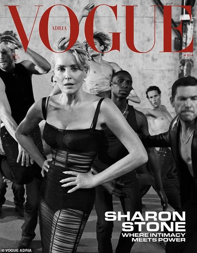 The actress, 67, went topless beneath a sheer dress as she was worshipped by a plethora of hunky male models in the shoot for Vogue Adria