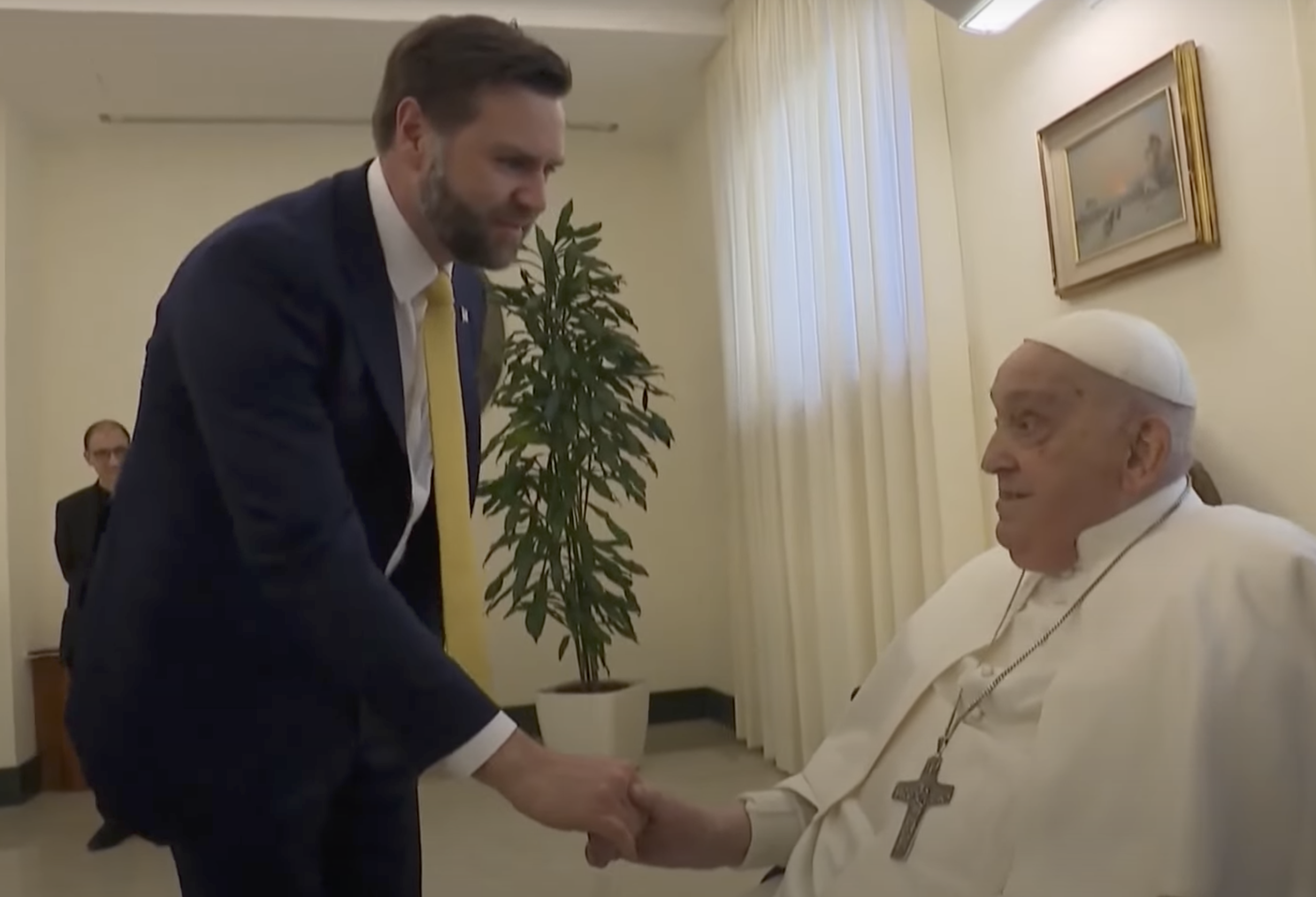 A screenshot of JD Vance and Pope Francis greeting each other from a video dated April 20, 2025. | Source: YouTube/AFP News Agency