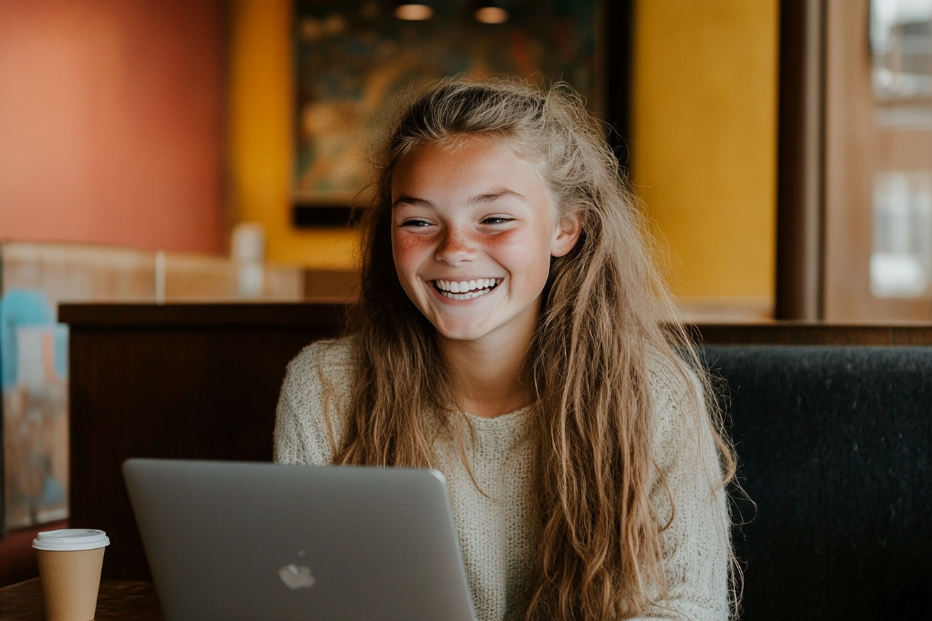 A teen girl laughing during a video call | Source: Midjourney