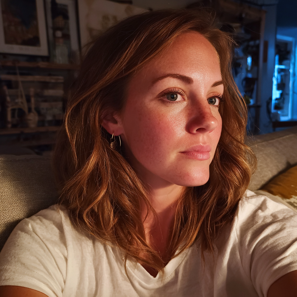A pensive woman sitting on a couch | Source: Midjourney