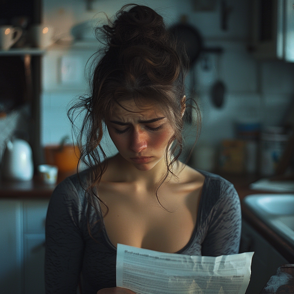 Maddie being emotional while reading Betty's letter in the kitchen | Source: Midjourney